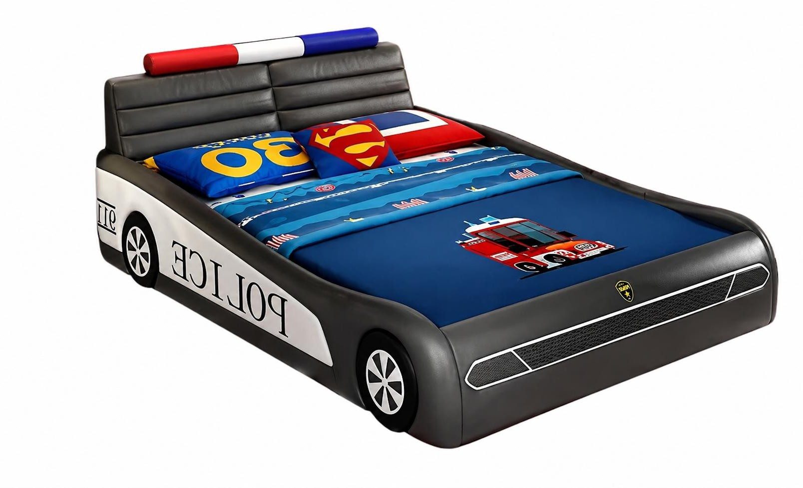 Xlmoebel Autobett Schwarzes LED Polizeiauto Kinderbett aus Holz für Jungen, Made in Europa