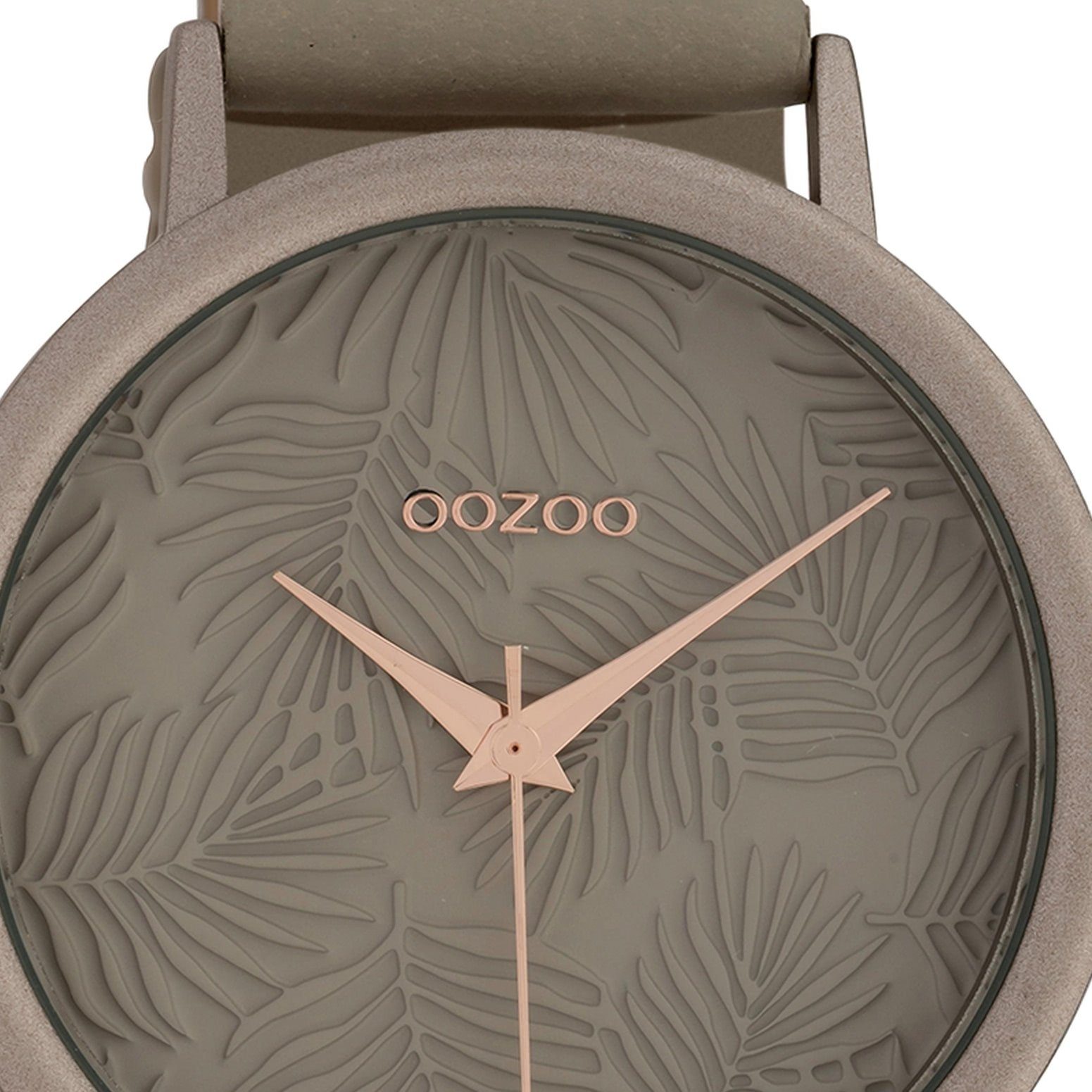 taupe, Damen Lederarmband, Blatt Struktur-Ziffernblatt Armbanduhr (ca. rund, Damenuhr Oozoo OOZOO 42mm) groß Fashion-Style, Quarzuhr