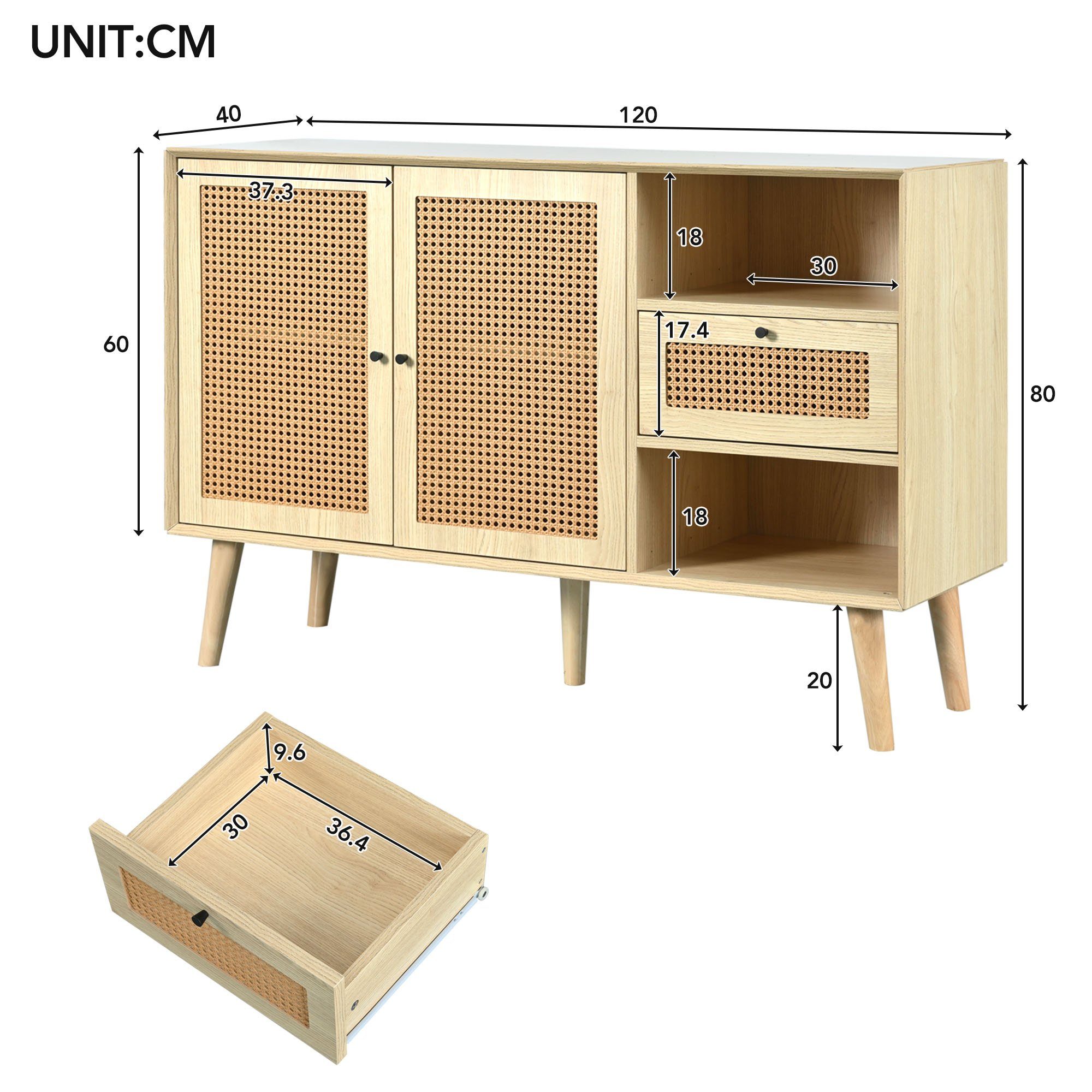 Flieks Sideboard, mit 1 Kommode Rattangeflecht 120x40x80cm und 2 Türen Schubladen