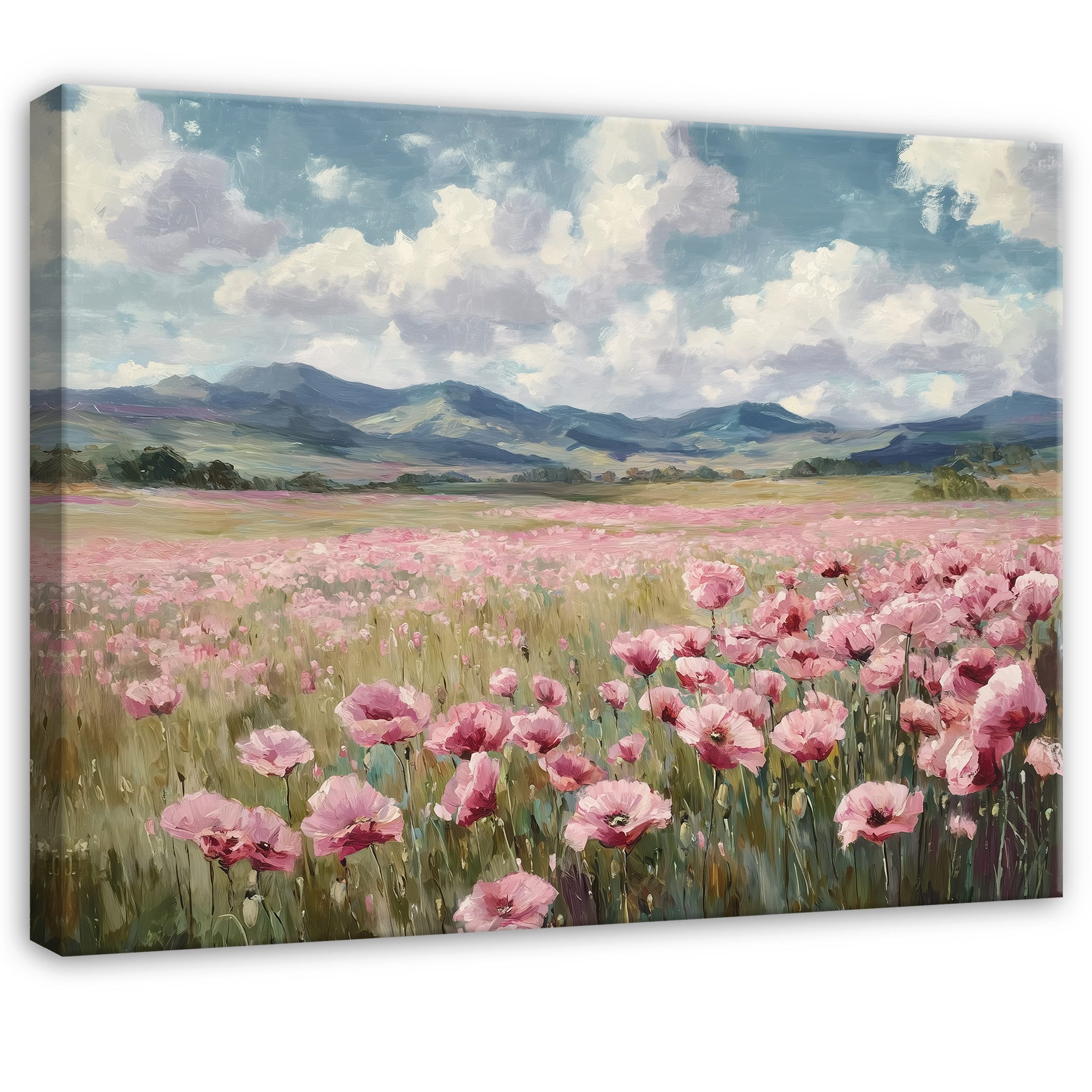 Wallarena Leinwandbild Blumen Feld Rosa Wolken Modern Wandbilder Wand Deko XXL Bilder, Gebrige - Natur (groß Bilder Wohnzimmer Schlafzimmer Einteilig, 1 St), Bilder Klein Wohnzimmer Schlafzimmer Küche Wandbild Wand Deko 40x30