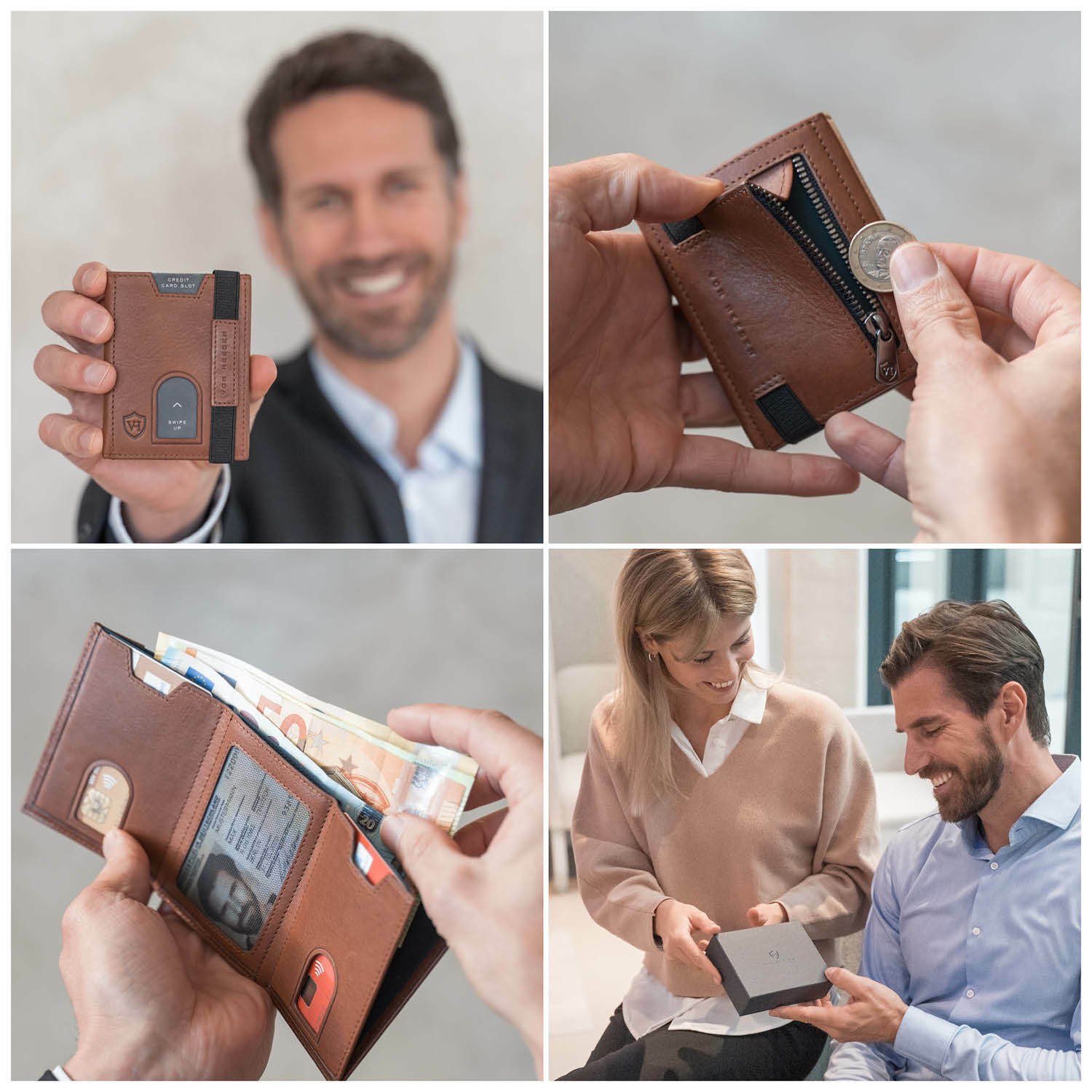 Slim Cognac-Braun Wallet & Portemonnaie Wallet HEESEN Mini-Münzfach, Whizz & Geldbeutel VON inkl. Geldbörse mit Geschenkbox RFID-Schutz Kartenfächer 5