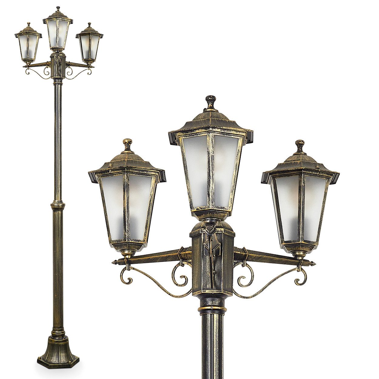 hofstein Außen-Stehlampe Wegeleuchte aus Metall/Glas in Goldfarben-Braun/Weiß, ohne Leuchtmittel, Kandelaber, Gartenbeleuchtung IP44, 3xE27, ohne Leuchtmittel