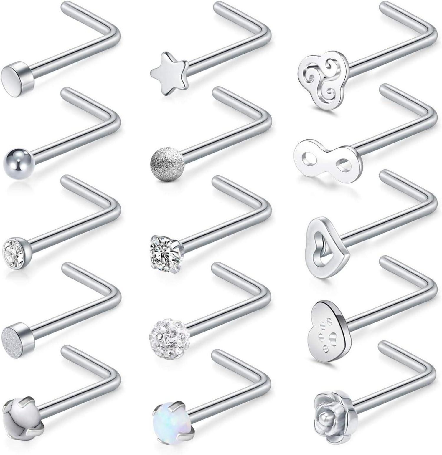 Nasenpiercing Nasenpiercing Stecker Silber Edelstahl 20G Spiral L-Form 15er Set
