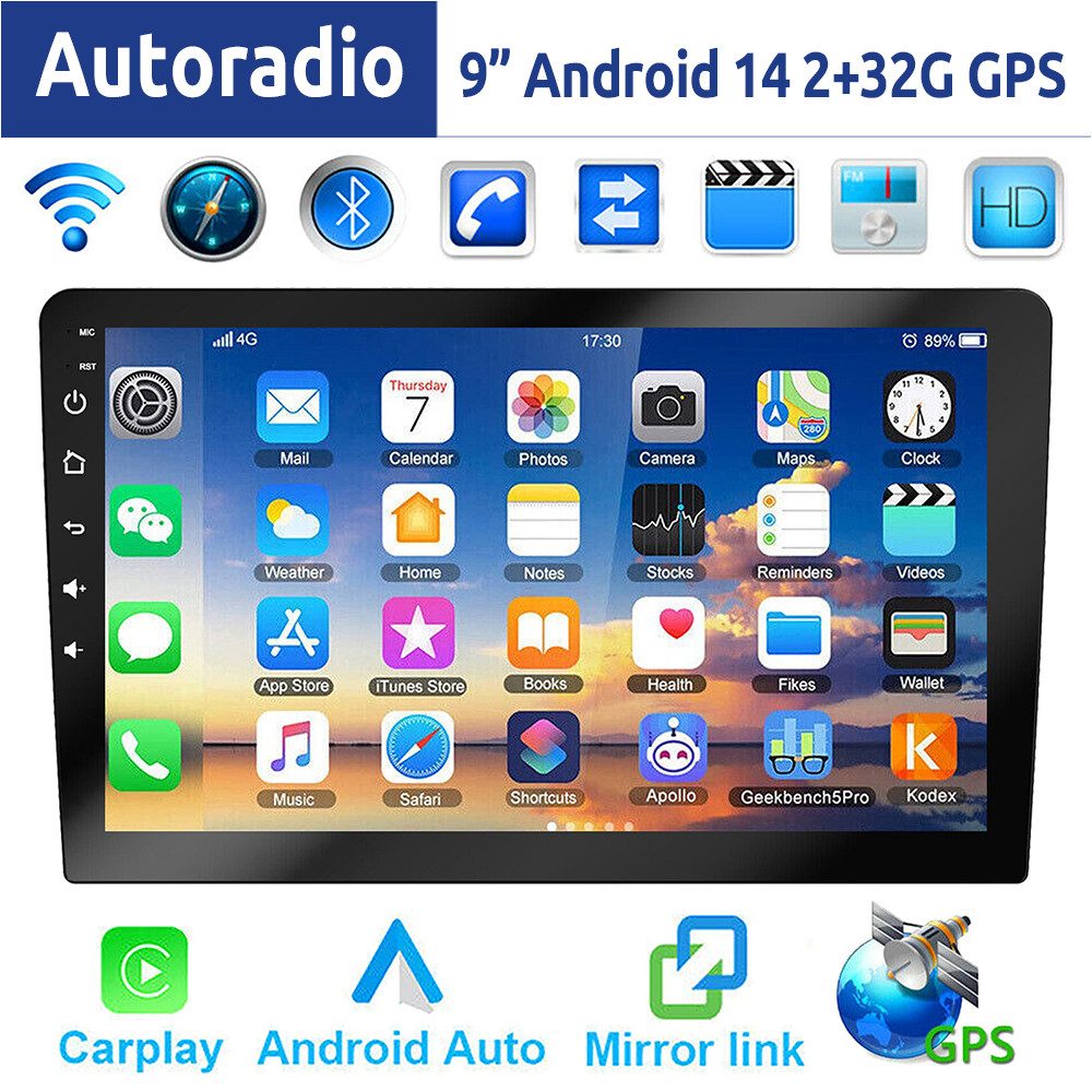 ESSGOO 9/10 Zoll Doppel 2 DIN Android 14 Wireless Carplay Android Auto Autoradio (DAB+ (optional), FM, RDS, 4+64GB(optional), FM RDS Bluetooth EQ USB GPS Navi WIFI IPS Touchscreen Mirror Link SWC)