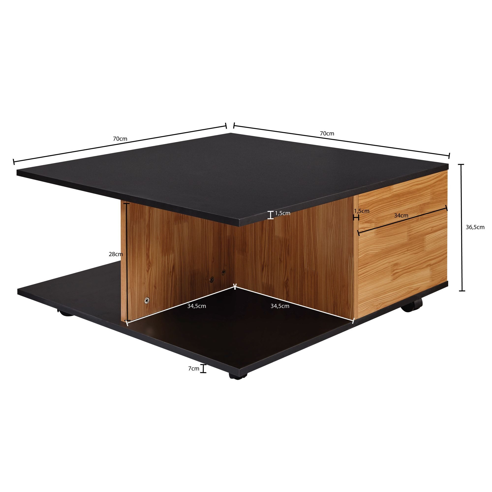 FINEBUY Couchtisch SuVa19138_1 70x70cm Wohnzimmertisch Sofatisch Tisch mit 2 Schubladen (70x70 cm Anthrazit / Sandeiche, Sofatisch Eckig), Wohnzimmertisch mit 2 Schubladen, Tisch mit Rollen