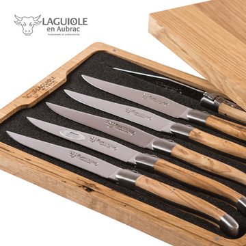 Laguiole en Aubrac Steakmesser 6 Steak Messer Olivenholz (6 Stück), original mit Zertifikat und Holzbox, Handarbeit
