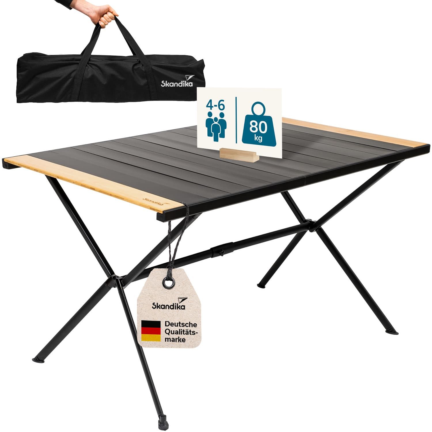 Skandika Campingtisch Tivaro, Alu Campingtisch mit Holz, für 4 Personen, klappbar, leicht (80 kg Traglast, 120x80x70cm, wetterfest, pflegeleicht, Gewicht 6,9 kg), einrollbare Tischplatte, Höhenverstellbare Füße, Tragetasche