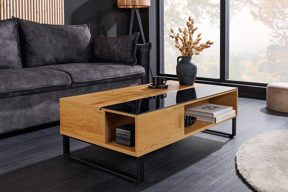 riess-ambiente Couchtisch APARTMENT 110cm natur/schwarz- Eiche, Glas, Stauraum, höhenverstellbar (Einzelartikel, 1-St), verstellbarer Couchtisch mit Kufen-Metallgestell - ideal f. Wohnzimmer
