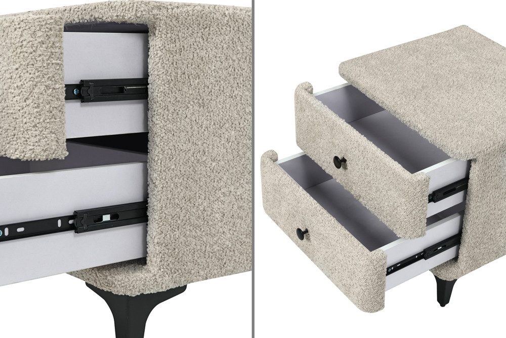 riess-ambiente Nachttisch ART DECO 45cm greige Bouclé – mit Schubladen, schwarzes Metallgestell (Einzelartikel, 1-St), moderner Look, 2 Schubladen, filigrane Beine, stilvoller Bouclé-Stoff