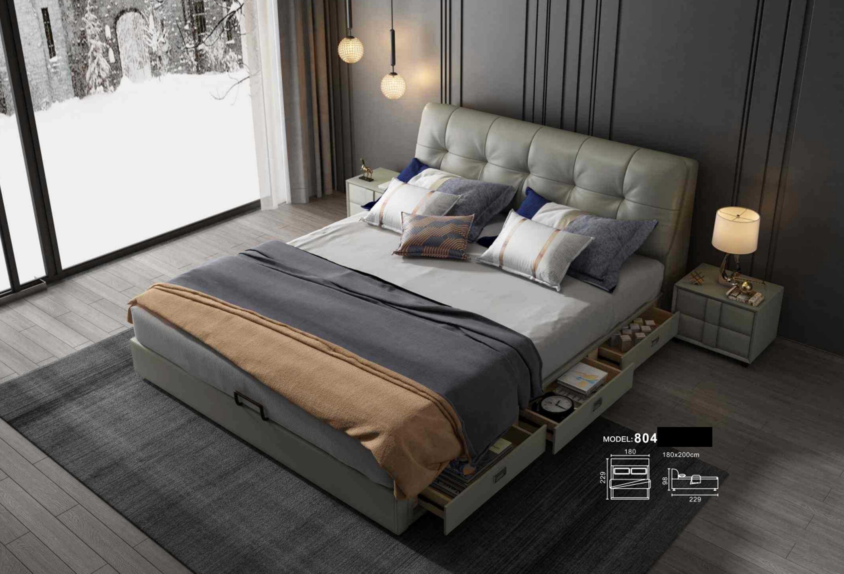 JVmoebel Bett, Designer Bett 180x200 Leder Metall Betten Doppel Schlaf Zimmer Luxus Grau
