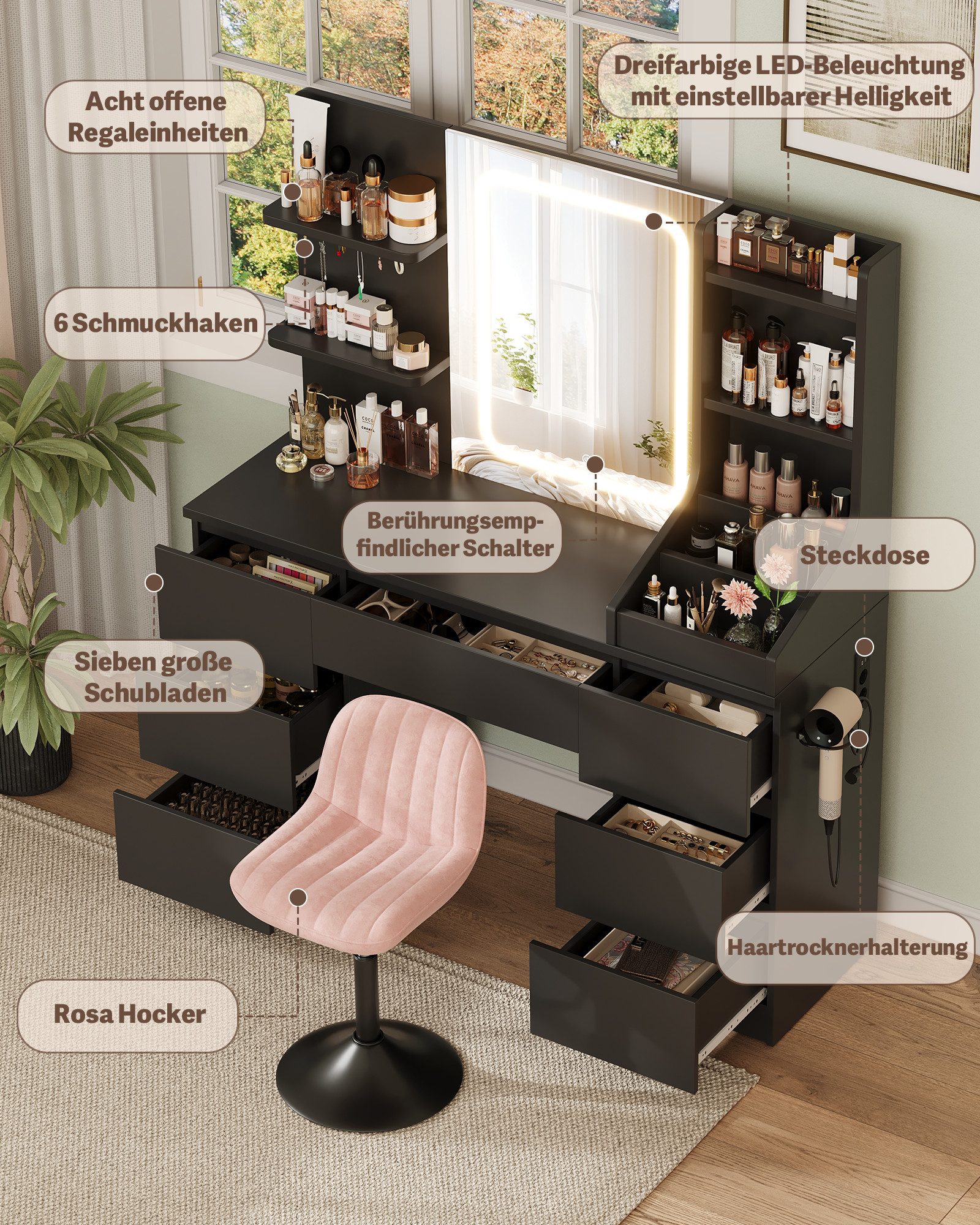 HOMALL Schminktisch Spiegel mit LED-Beleuchtung, 7 Schubladen (Maße: 110 × 40 × 139 cm, drei einstellbare Farbtemperaturen, mit 8 offenen Ablagefächern, 6 Schmu – Bild 4 von 5
