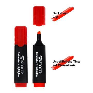 WESTCOTT Marker Textmarker 10 Stück rot, Highlighter in leuchtendem Rot, (Vorteilspack, 10-tlg), 2-5 mm Strichstärke, Premium Tinte aus Deutschland