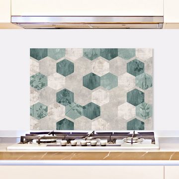 queence Küchenrückwand Mosaike - Vintage - Pflanzen - Grau/Grün - Spritzschutz Wandschutz, (1-tlg), 60x40x0,3 cm - Hitzebeständig - Herdspritzschutz - Alu-Dibond