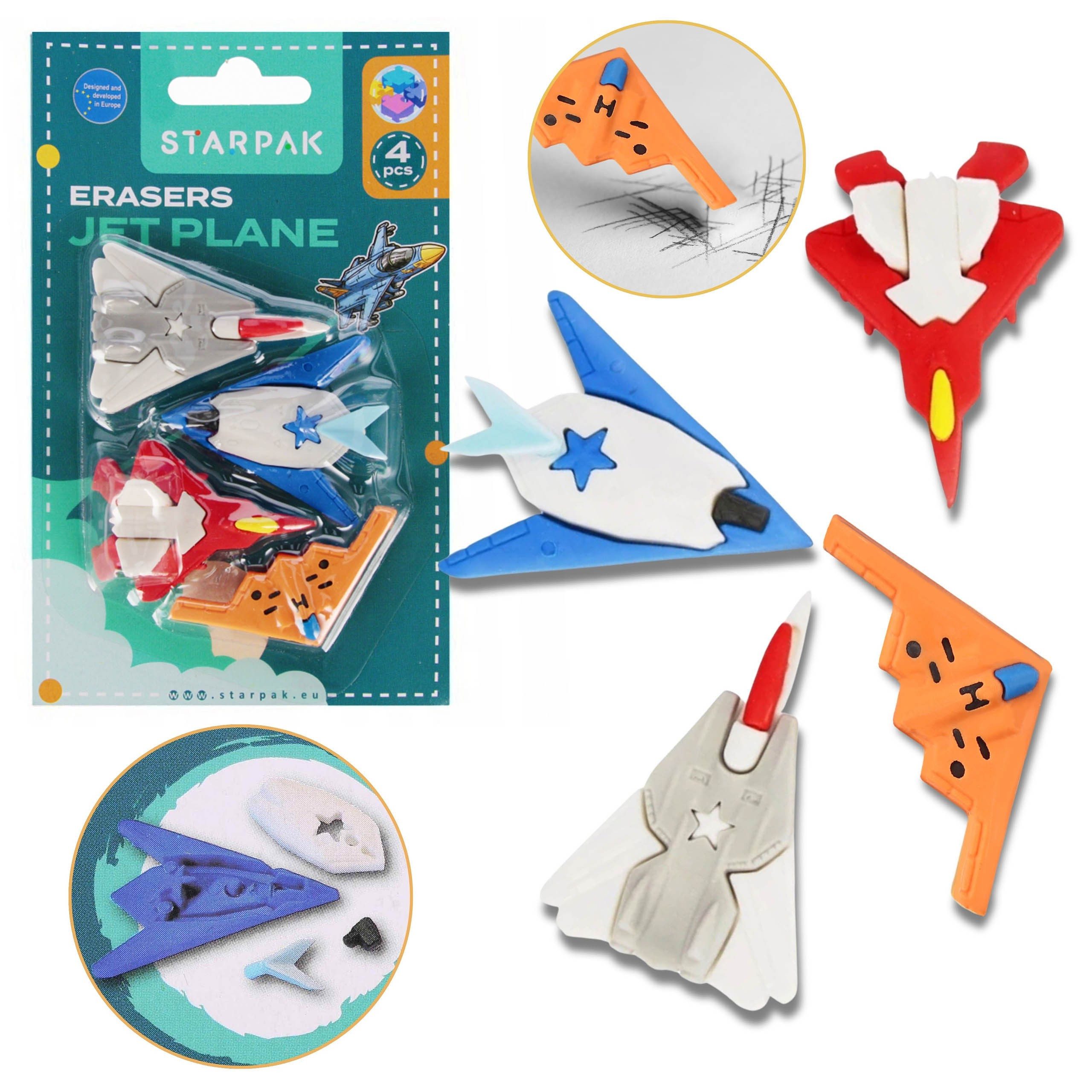Radiergummi 4x Bleistift Radiergummi, Raketen, 3D Raum