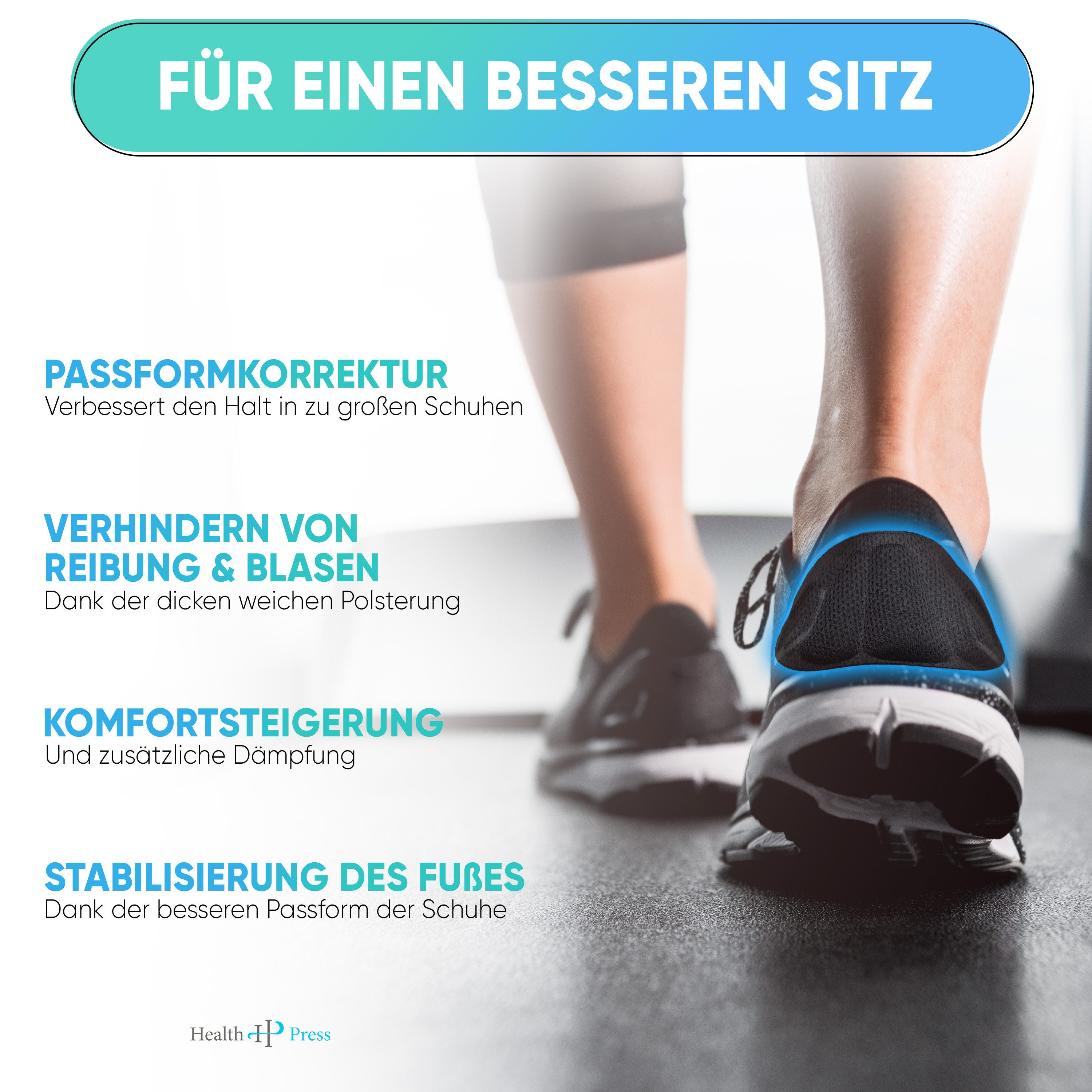 Health Press Fersenpolster Premium Fersenkissen - 3 Paar Schuheinlagen in Schwarz, Grau, Beige (Universell zuschneidbar, 6-tlg., Extra starke Klebekraft), Fersenschutz gegen Reibung und Blasen