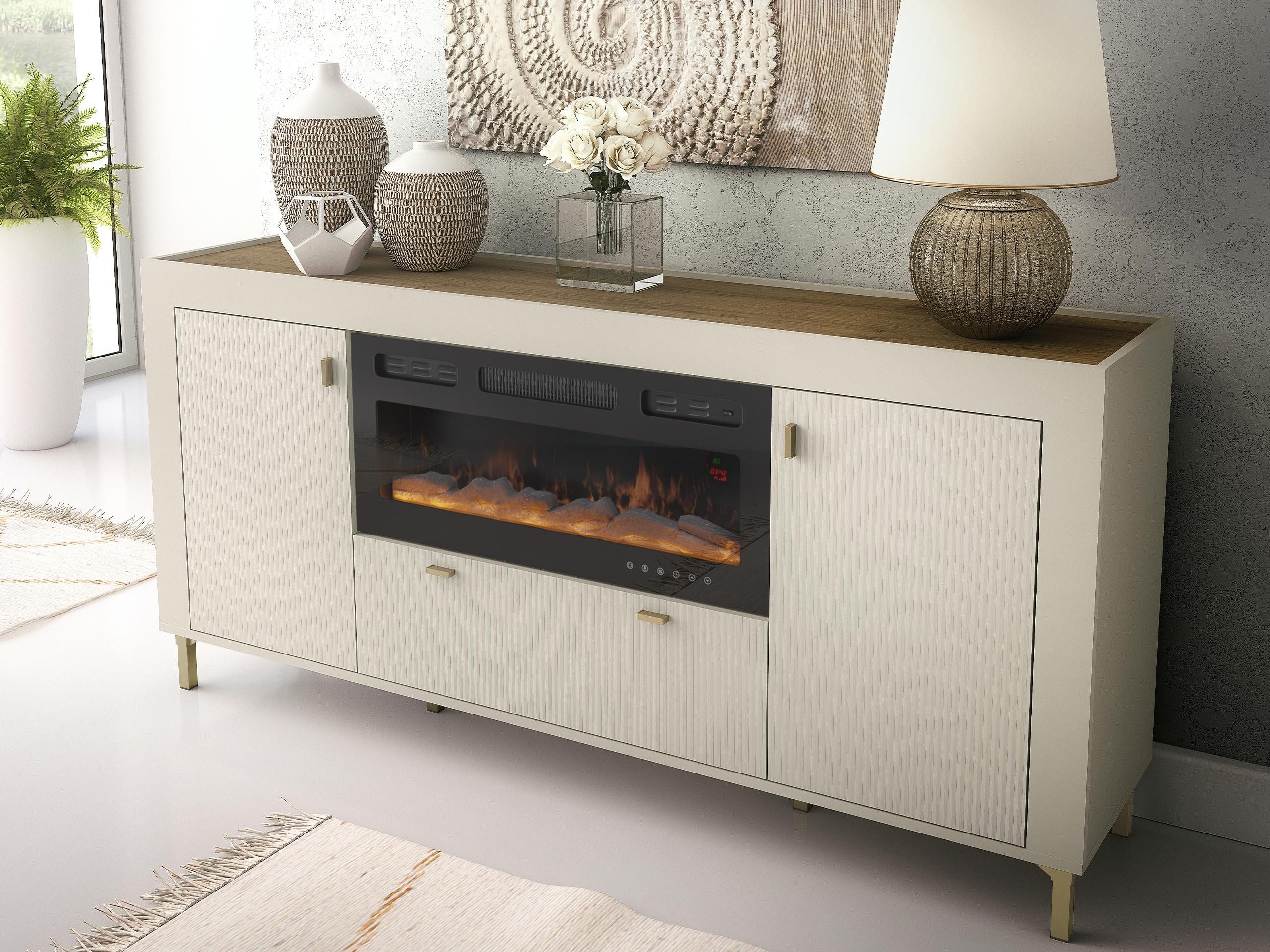 MIRJAN24 Kommode Mossa 2D1S MO07 mit Kamin (mit zwei Drehtüren und Schublade), Realistische LED-Flamme, 177x40x84 cm
