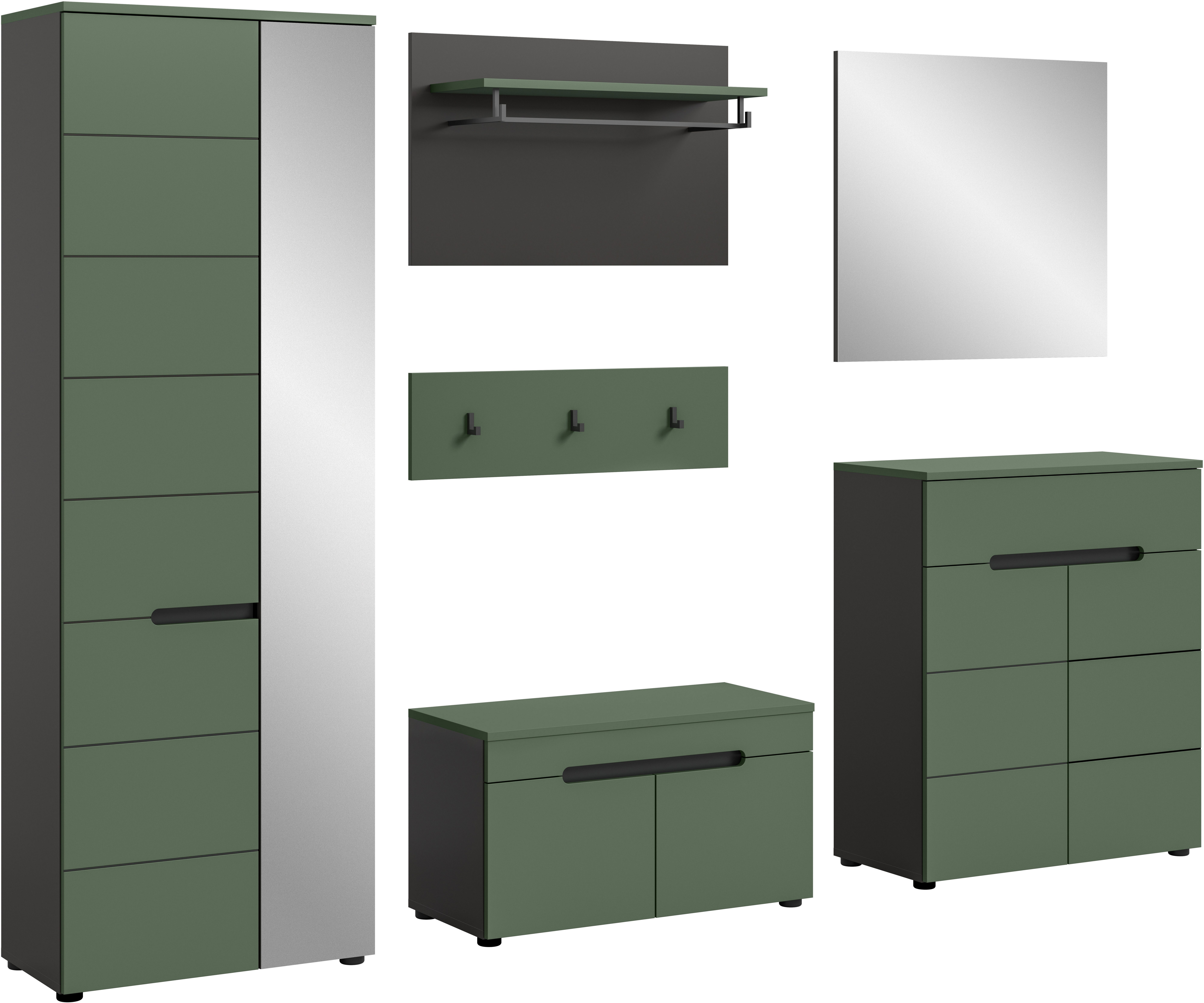 Home affaire Garderoben-Set Rehat, Garderobenkombination, Breite 255cm, (Set, 6-St., Garderobenschrank, Sitzbank, Paneel, Hakenleiste, Spiegel, Kommode), Garderobenkombination, Kombination, Set, Flurgarderobe, Diele