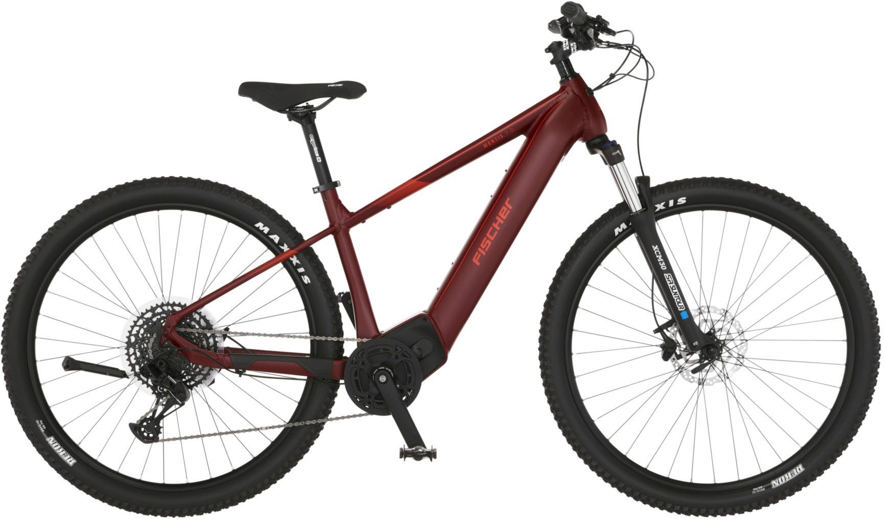 FISCHER Fahrrad E-Bike MONTIS 7.0I 630, 12 Gang SRAM SX 11-50 Schaltwerk, Kettenschaltung, Mittelmotor, 630 Wh Akku, (Schloss) purpur-rot