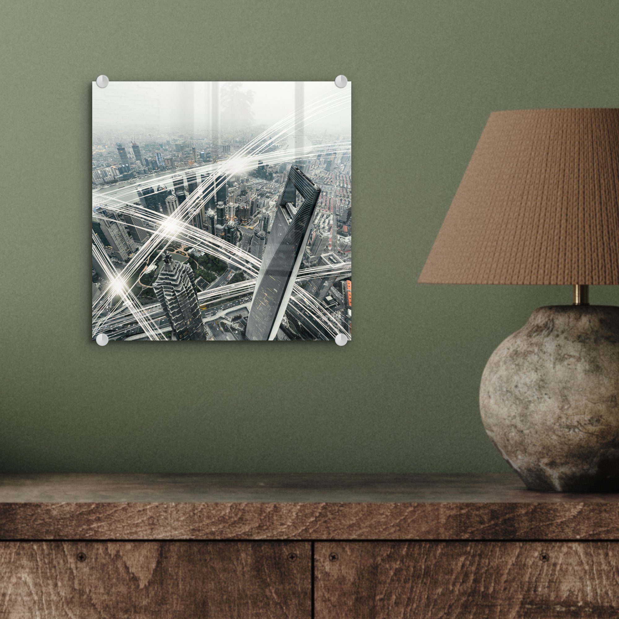 Wandbild St), - Shanghai Schwarz-Weiß-Luftaufnahme - auf des MuchoWow Wanddekoration (1 Glas - World Glasbilder Foto Center, Glas Acrylglasbild Bilder auf Financial