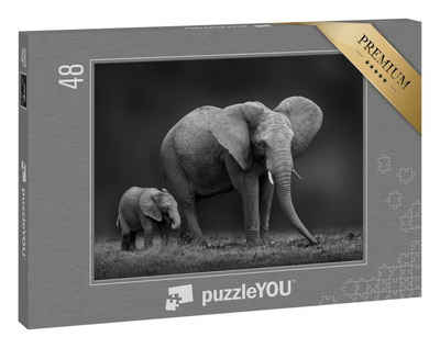 puzzleYOU Puzzle »Afrikanische Elefantenmutter und Sohn«, 48 Puzzleteile, puzzleYOU-Kollektionen Elefanten, Schwarz-Weiß, Tiere in Savanne & Wüste