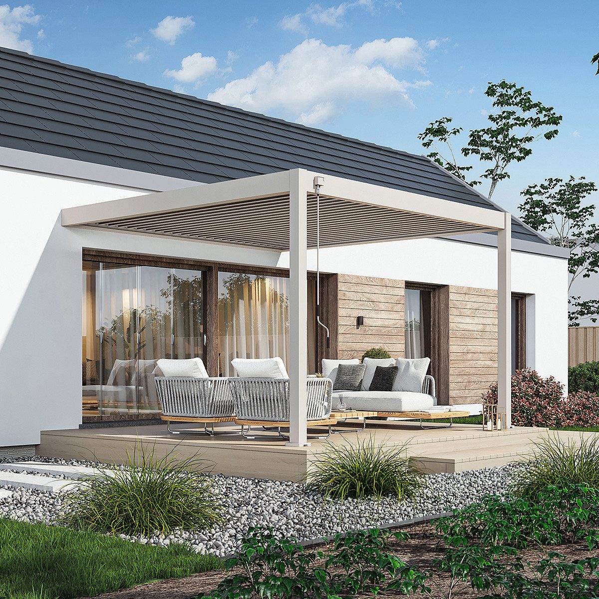 Weide Pergola Deluxe Wand Voll-Alu Pergola 3,6 x 4 M Lamellendach Ivory Sand, BxTxH: 400x360x255 cm, (Hochwertigste Aluminium-Konstruktion & verzinkte Stahl-Lamellen, Komplettset inkl. detaillierter Aufbauanleitung)