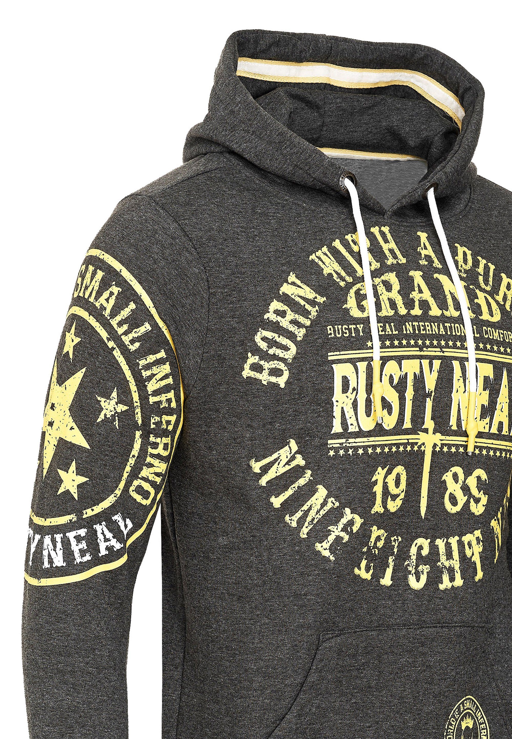Rusty Neal Kapuzensweatshirt mit Markenprints anthrazit-gelb coolen