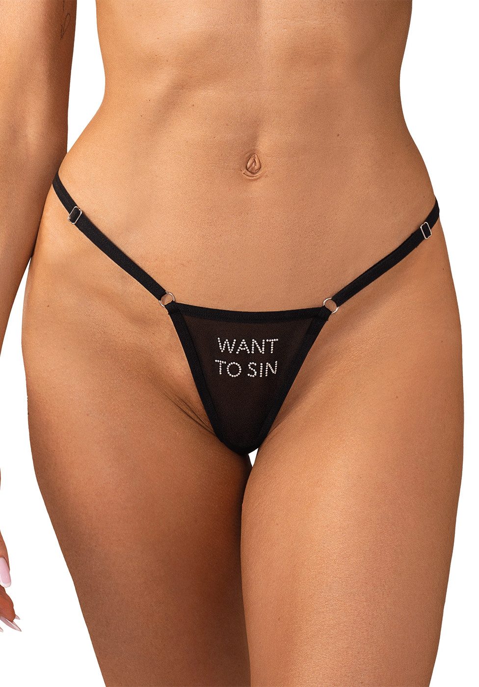 Obsessive String Transparenter String mit "Want to Sin" Schriftzug aus Strasssteinen - (1-St) mit funkelndem Strass-Schriftzug