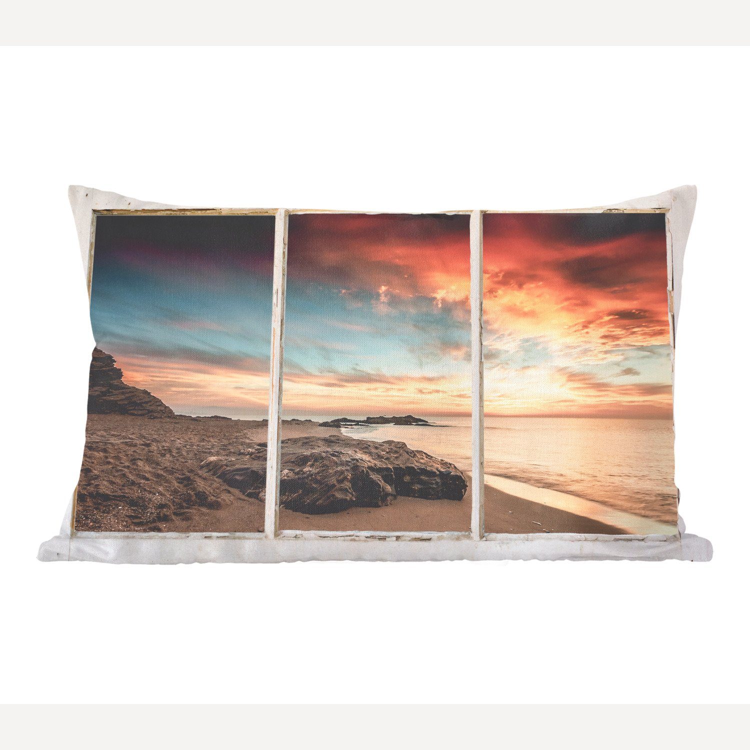 Schlafzimmer Strand Aussicht Zierkissen, - Wohzimmer Dekokissen MuchoWow mit - Füllung, Meer, Dekoration, Dekokissen