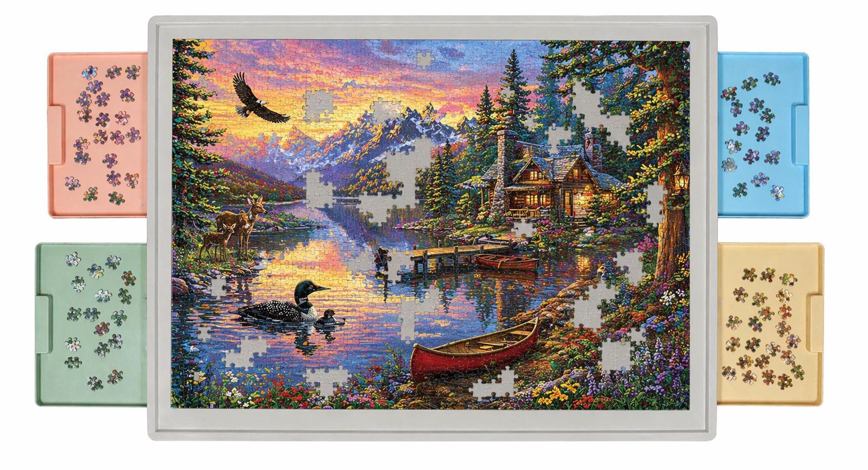 TSE Puzzleunterlage WELGEE Puzzel Brett Board für 1500 Teile drehbar mit 4 Schubladen