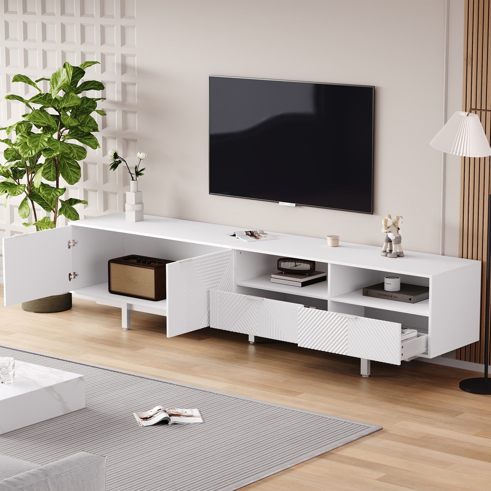Merax Lowboard mit geometrischen Linien, TV-Schrank mit 2 Türen, 2 Schubladen und 2 offene Fächer, Breit: 200cm
