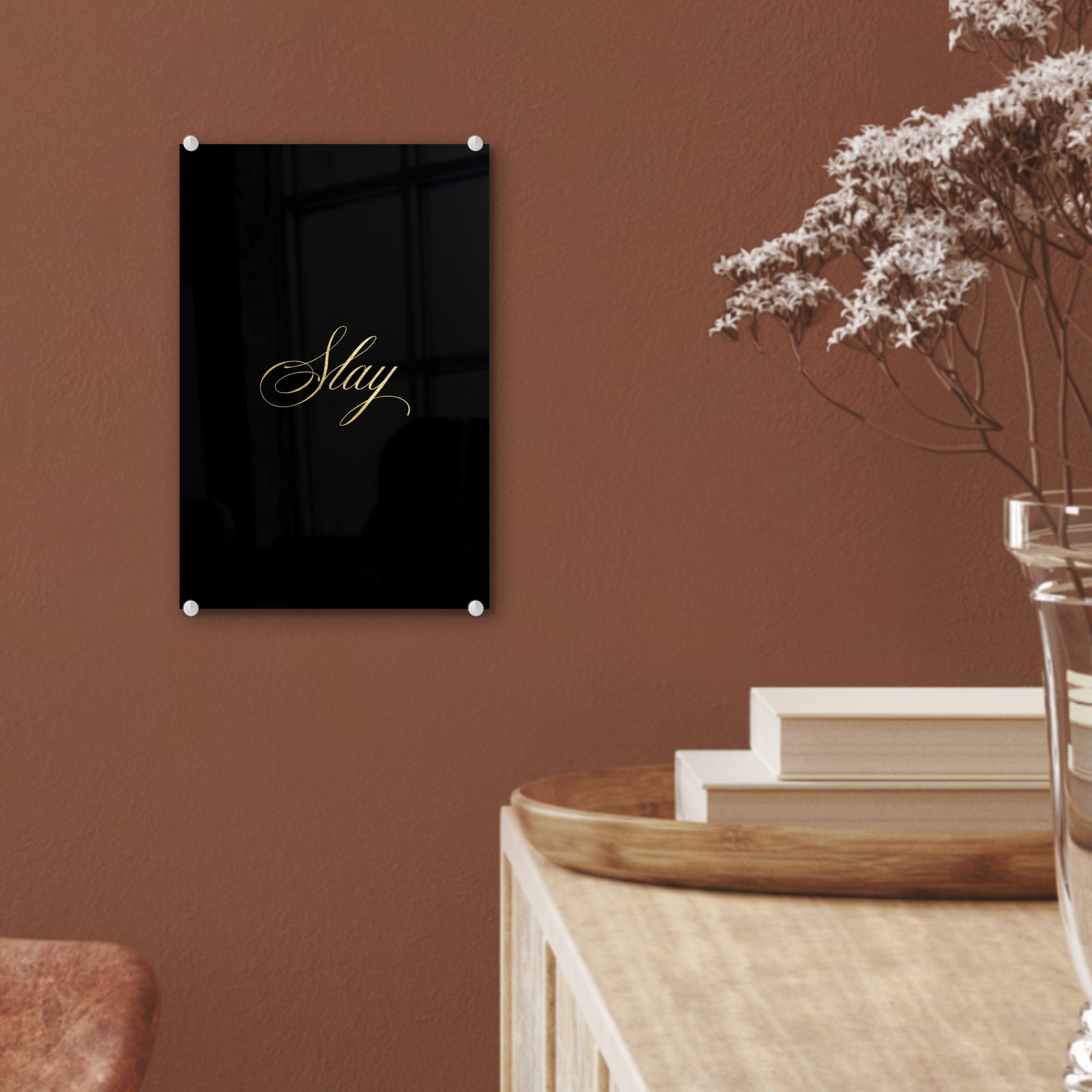 - - Wandbild (1 Glas Bilder Buchstaben St), - Glas auf Foto Gold Wanddekoration - Acrylglasbild MuchoWow - Glasbilder Schwarz, auf - Zitat