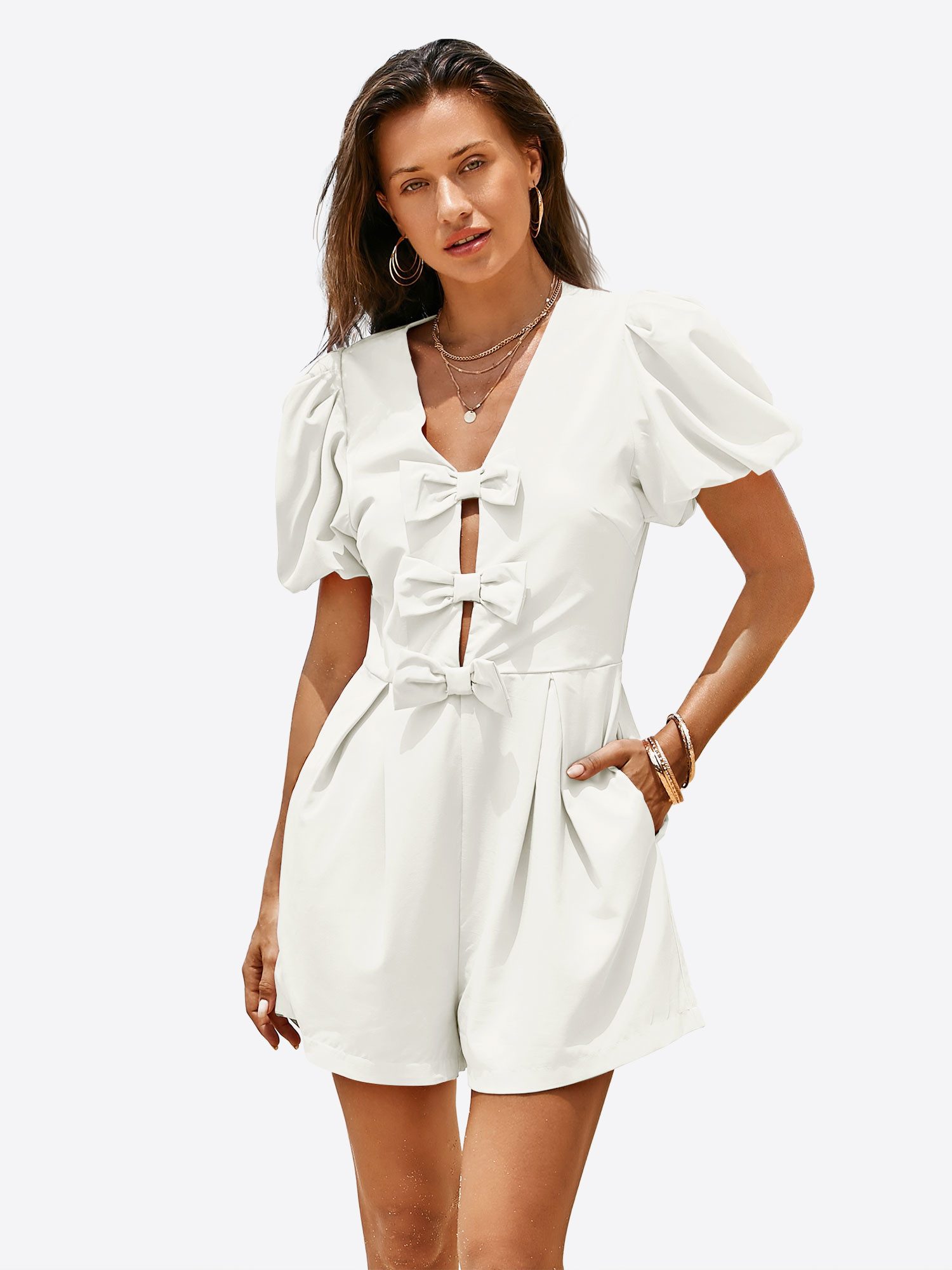 Imily Bela Strampler Damen Jumpsuits mit Schleife vorne und Puffärmeln (Packung, 1-tlg., 1per-Pack) einfarbig