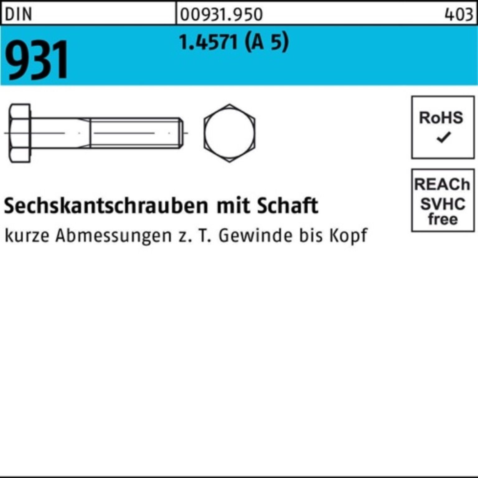 Reyher Sechskantschraube 100er Pack Sechskantschraube DIN 931 Schaft M10x 110 A 5 25 Stück DIN