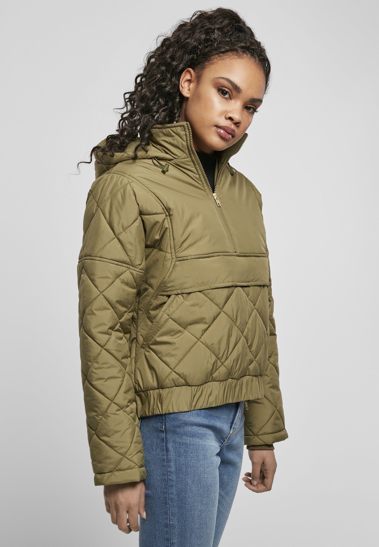 URBAN CLASSICS Winterjacke Damen Ladies Pull Over tiniolive (1-St) Jacket Oversized Quilted Diamond