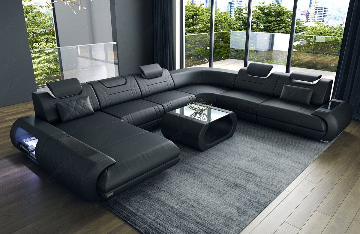 Sofa Dreams Wohnlandschaft Sofa Ledercouch Leder Rimini XXL U Form Ledersofa, Couch, mit LED, wahlweise mit Bettfunktion als Schlafsofa, Designersofa