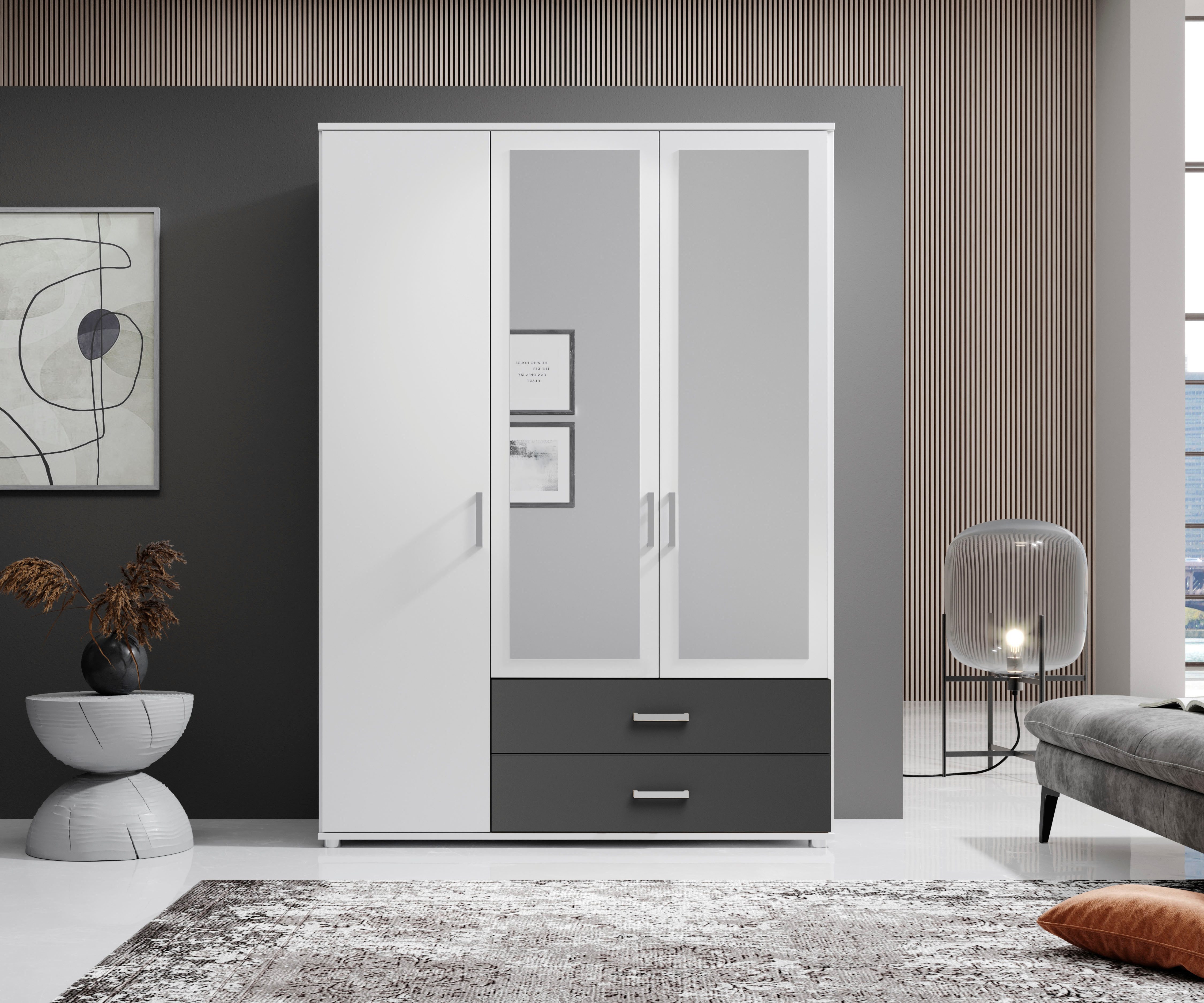 Schlafkontor Drehtürenschrank Ivar Kleiderschrank mit Spiegel inklusive 2 Spiegeltüren und 2 farblich abgesetzten Schubkästen