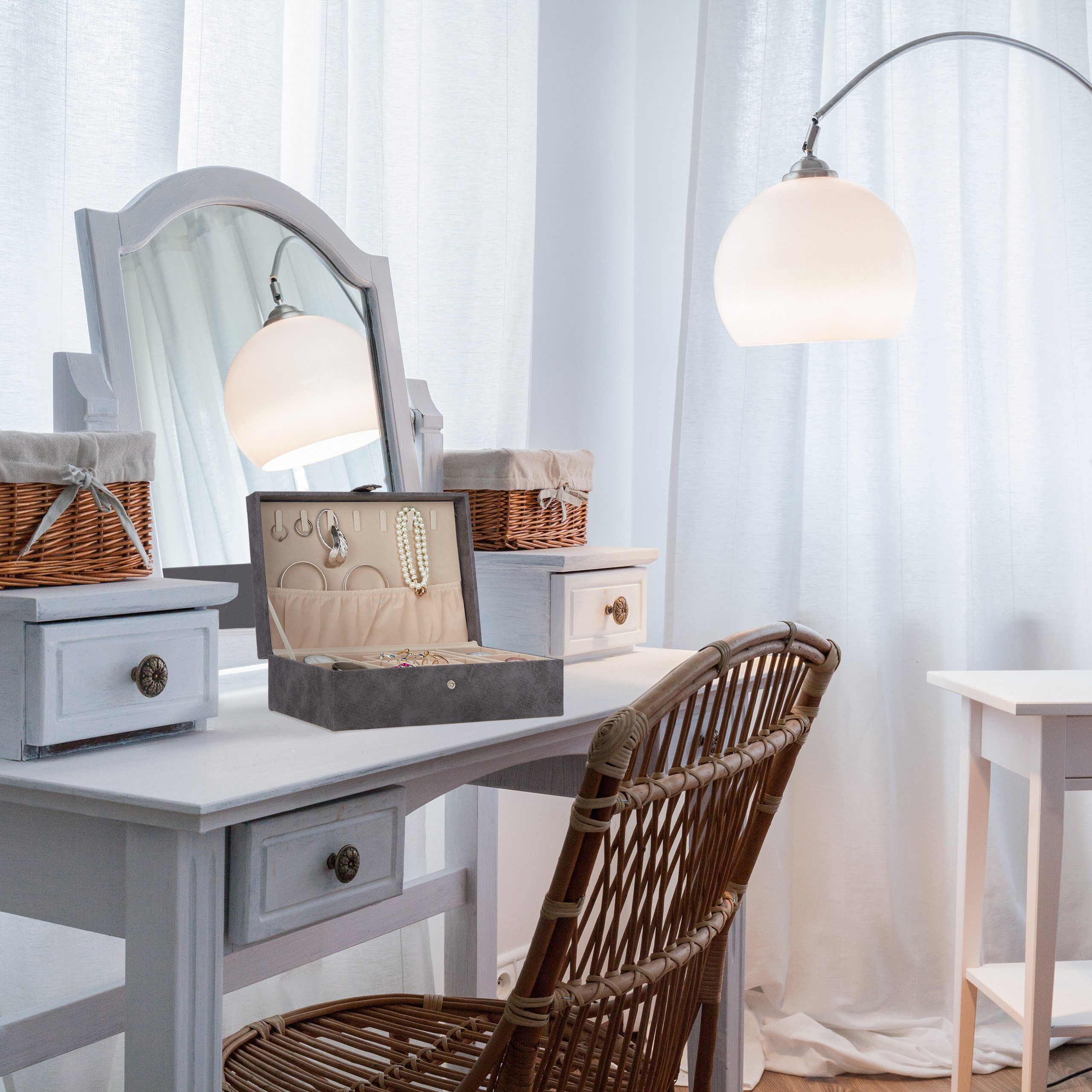 relaxdays Schmuckkasten Schmuckkästchen in Lederoptik, Grau günstig online kaufen