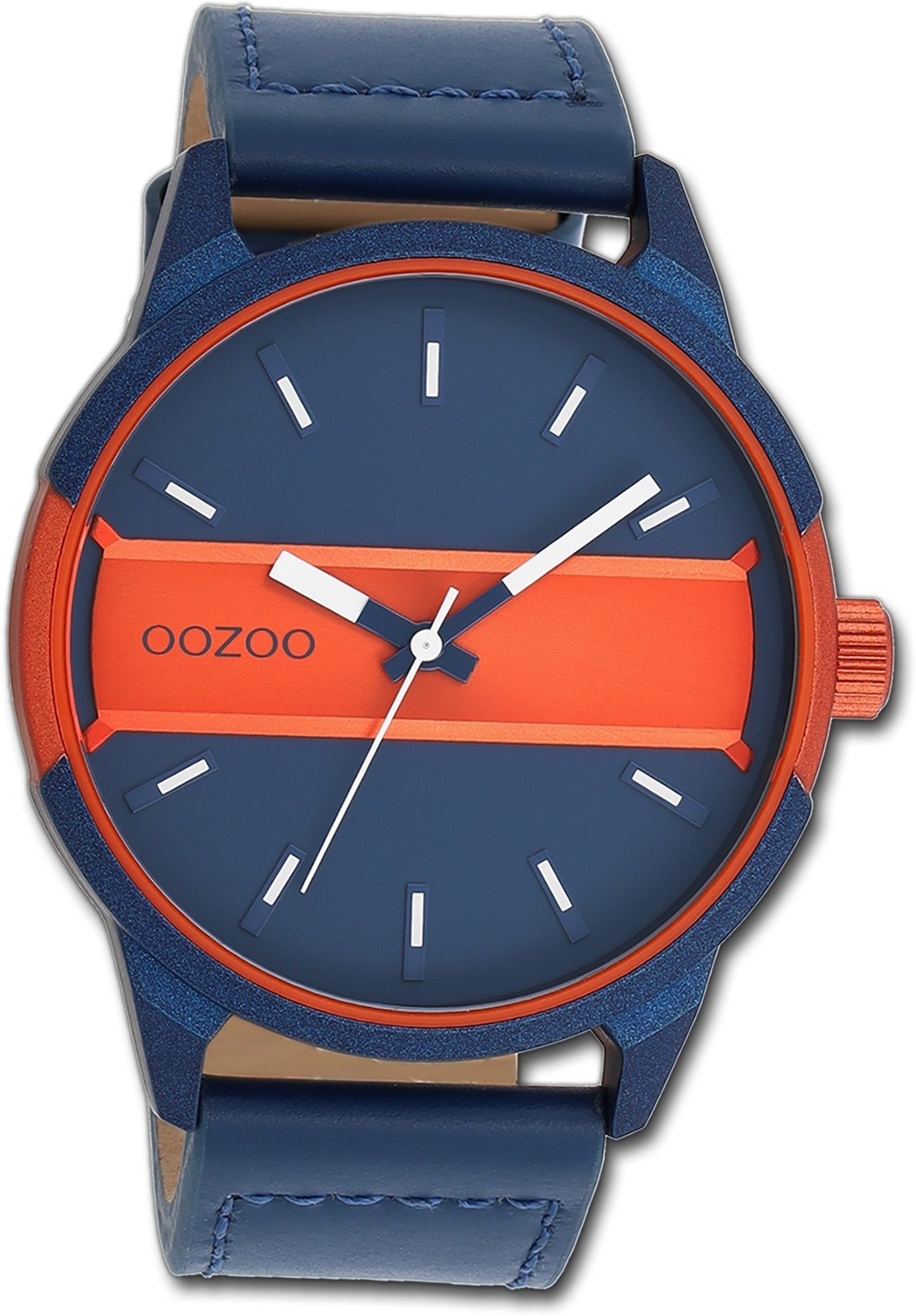 OOZOO Quarzuhr Oozoo Herren Armbanduhr Timepieces, Herrenuhr Lederarmband blau, rundes Gehäuse, extra groß (ca. 48mm)