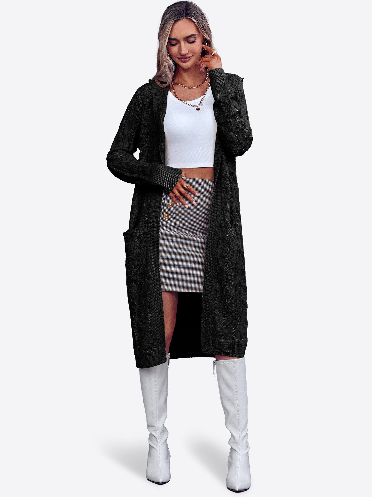 Imily Bela Cardigan Damen Langarm Strickjacke mit Kapuze (Packung, 1-tlg., 1per-Pack) Zopfmuster