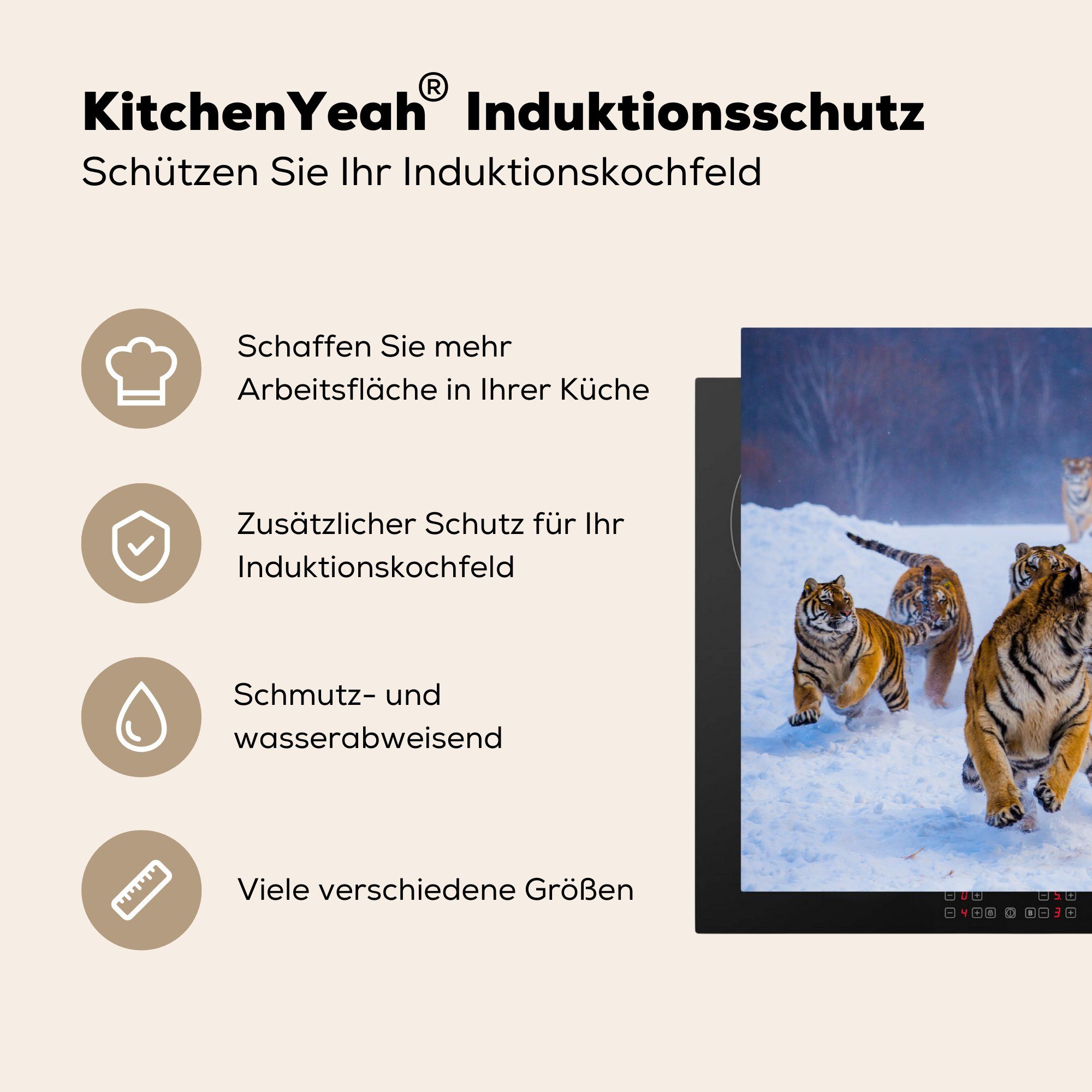 cm, tlg), die (1 - Herdblende-/Abdeckplatte Schutz Vinyl, - 81x52 Induktionskochfeld - MuchoWow Tiere Schnee Winter, Tiger Ceranfeldabdeckung Wilde für küche,