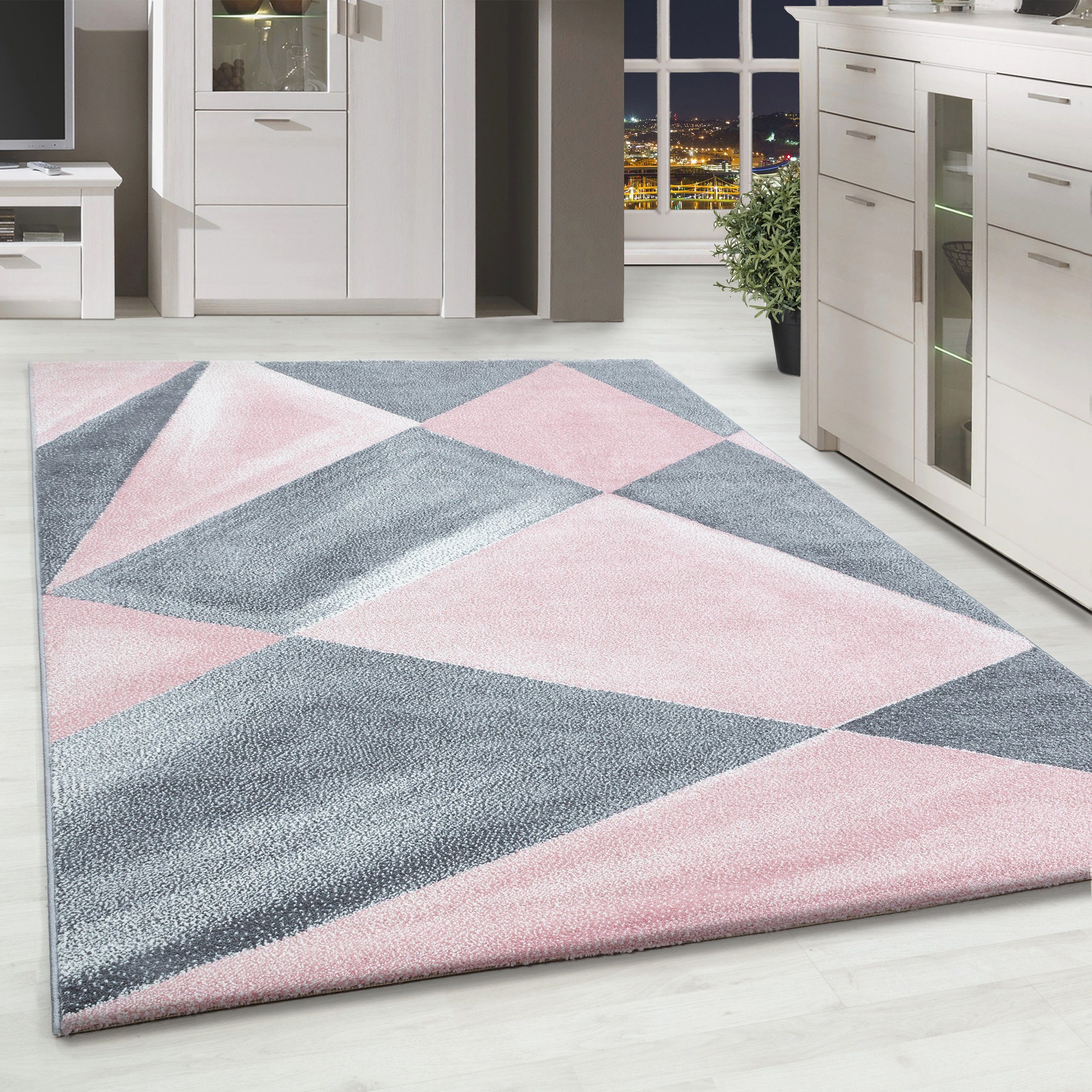 Teppich Geometrisch Design, HomebyHome, Läufer, Höhe: 10 mm, Modern Kurzflor Teppiche Geometrisch Design Rosa Teppich Wohnzimmer Pink