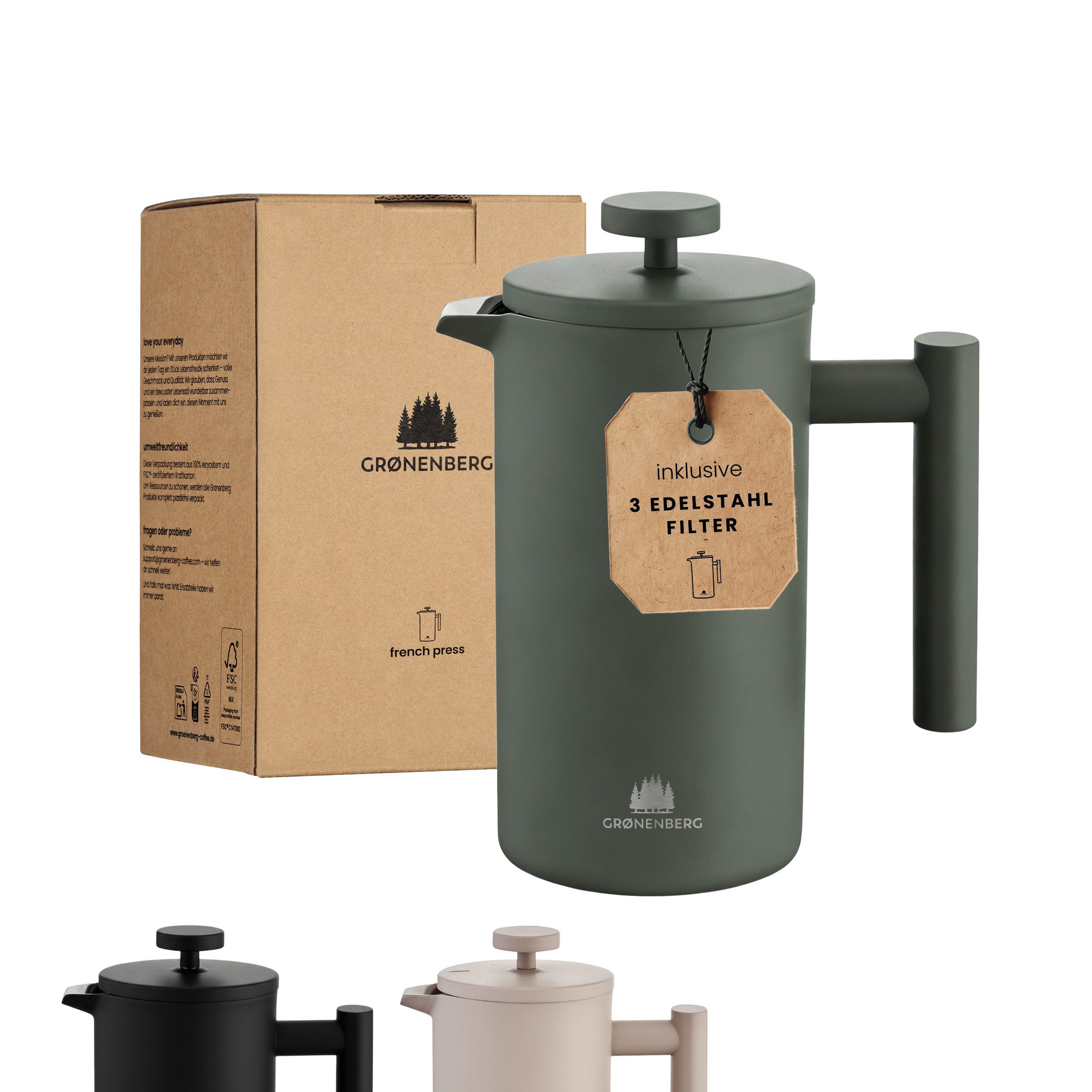 GRØNENBERG French Press Kanne 0,6 oder 1 Liter l Edelstahl Kaffeebereiter mit Thermo Effekt, 0.6l Kaffeekanne, Kaffeepresse inkl. 3 Ersatz-Filter