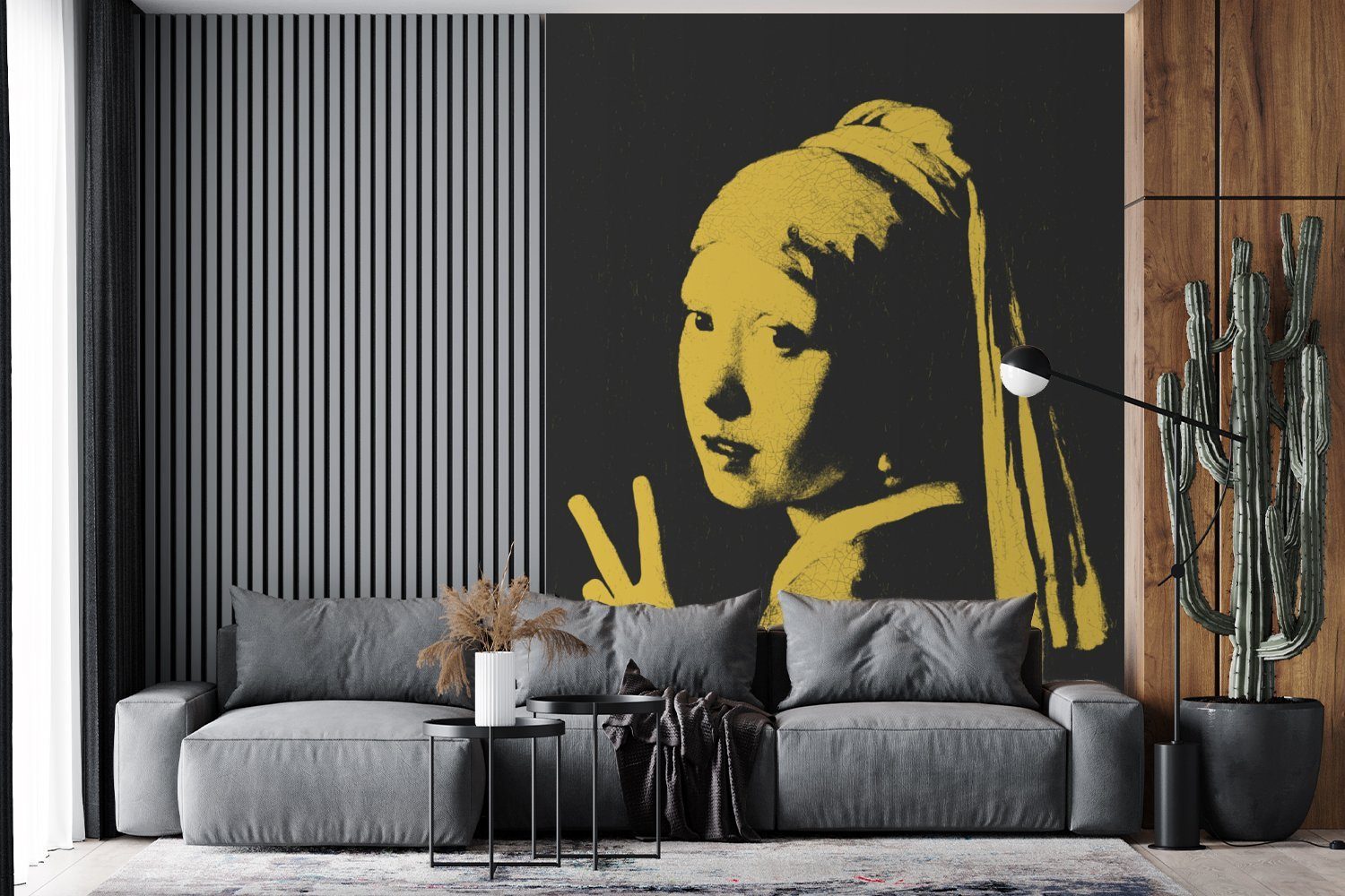 Matt, Mädchen (4 MuchoWow Wohnzimmer, bedruckt, St), - Wandtapete Schwarz für Gelb, Tapete Perlenohrring Vinyl Montagefertig - - Fototapete mit Vermeer