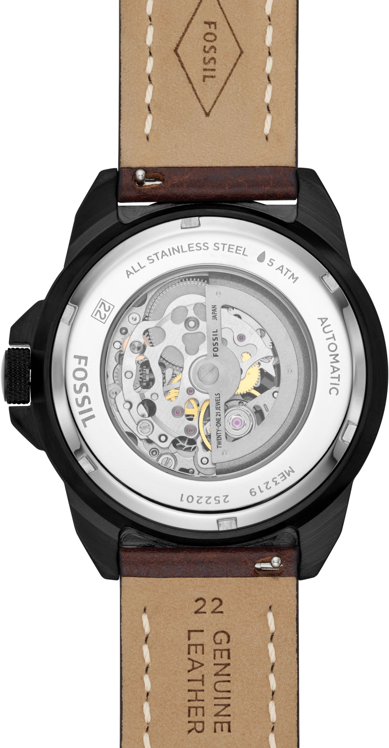 Fossil Automatikuhr BRONSON ME3219, Armbanduhr, Herrenuhr, mechanische Uhr, Lederarmband