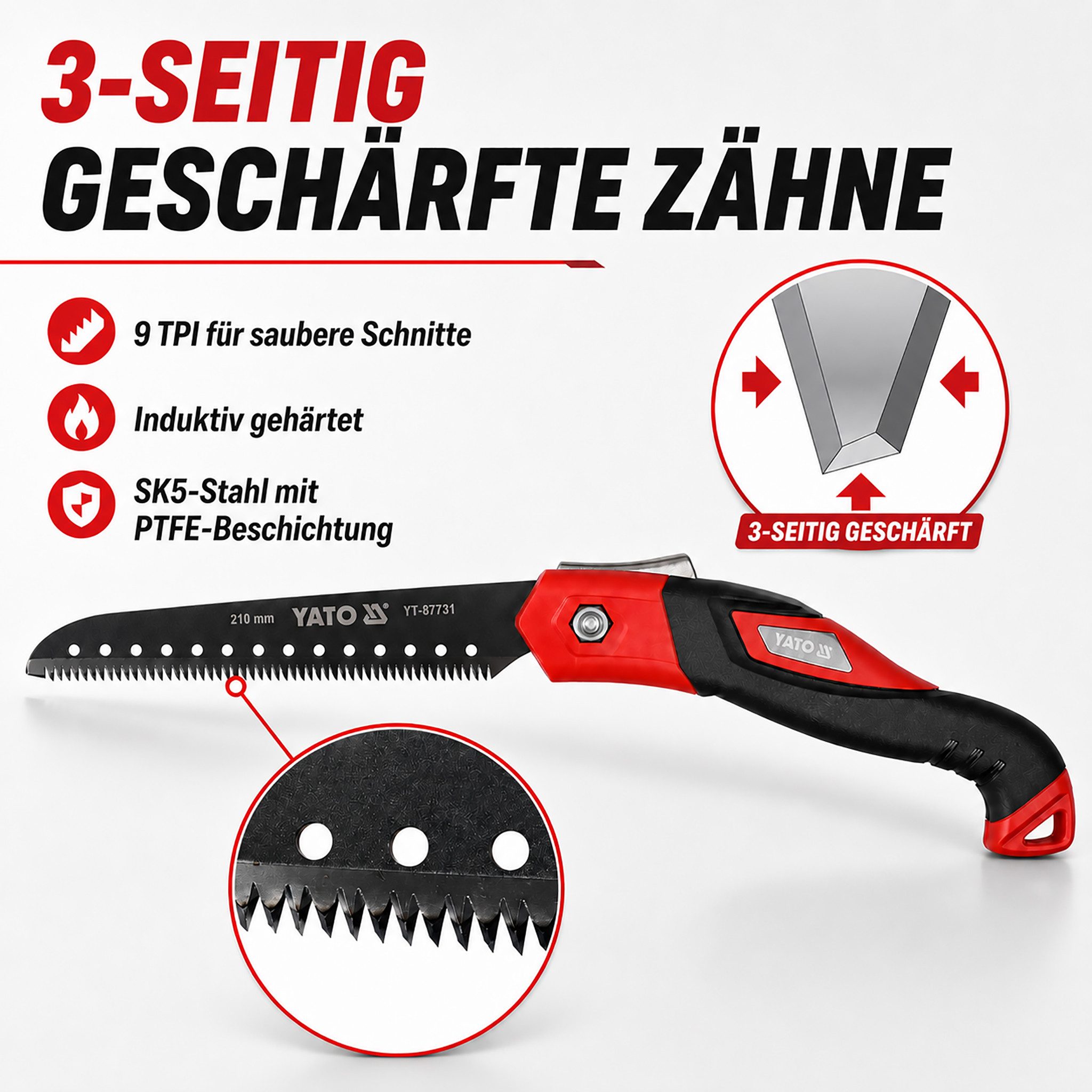 TOYA Gartensäge Astsäge Klappsäge 210 mm Typ YT-87731 Baumsäge Garten-Säge Handsäge (1-St), 62–64 HRC, 3 Schnittkanten