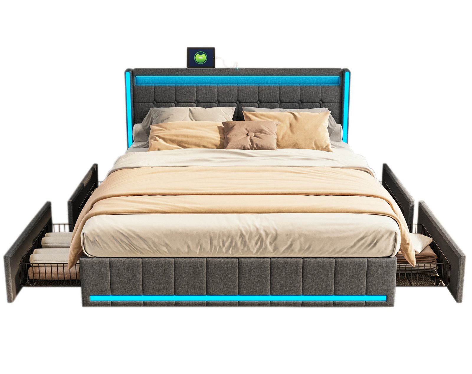 FUROKOY Stauraumbett Polsterbett Doppelbett mit LED-Beleuchtung günstig online kaufen