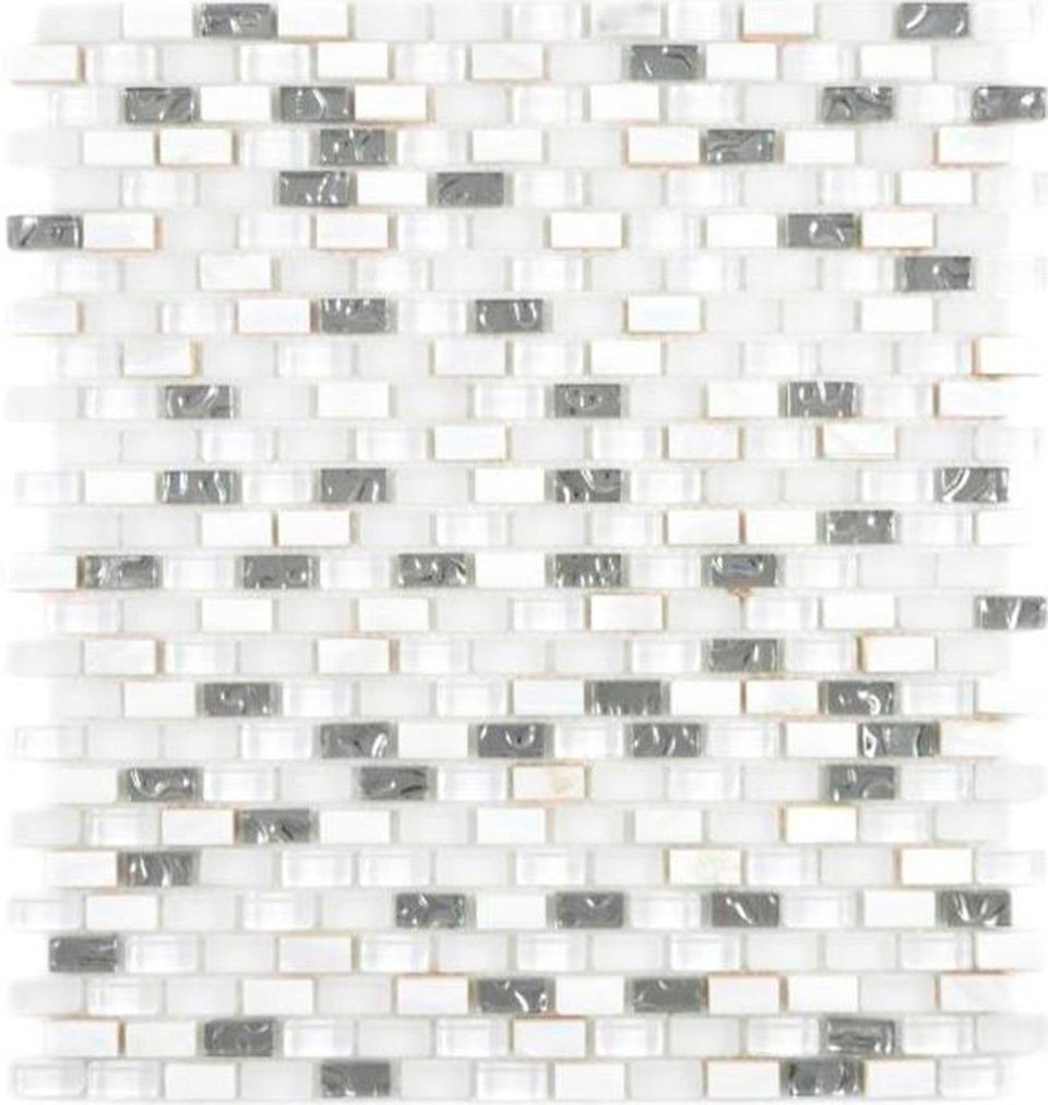 Mosani Mosaikfliesen Mosaik Verbund Naturstein Glasmosaik Brick Muschel weiß silber
