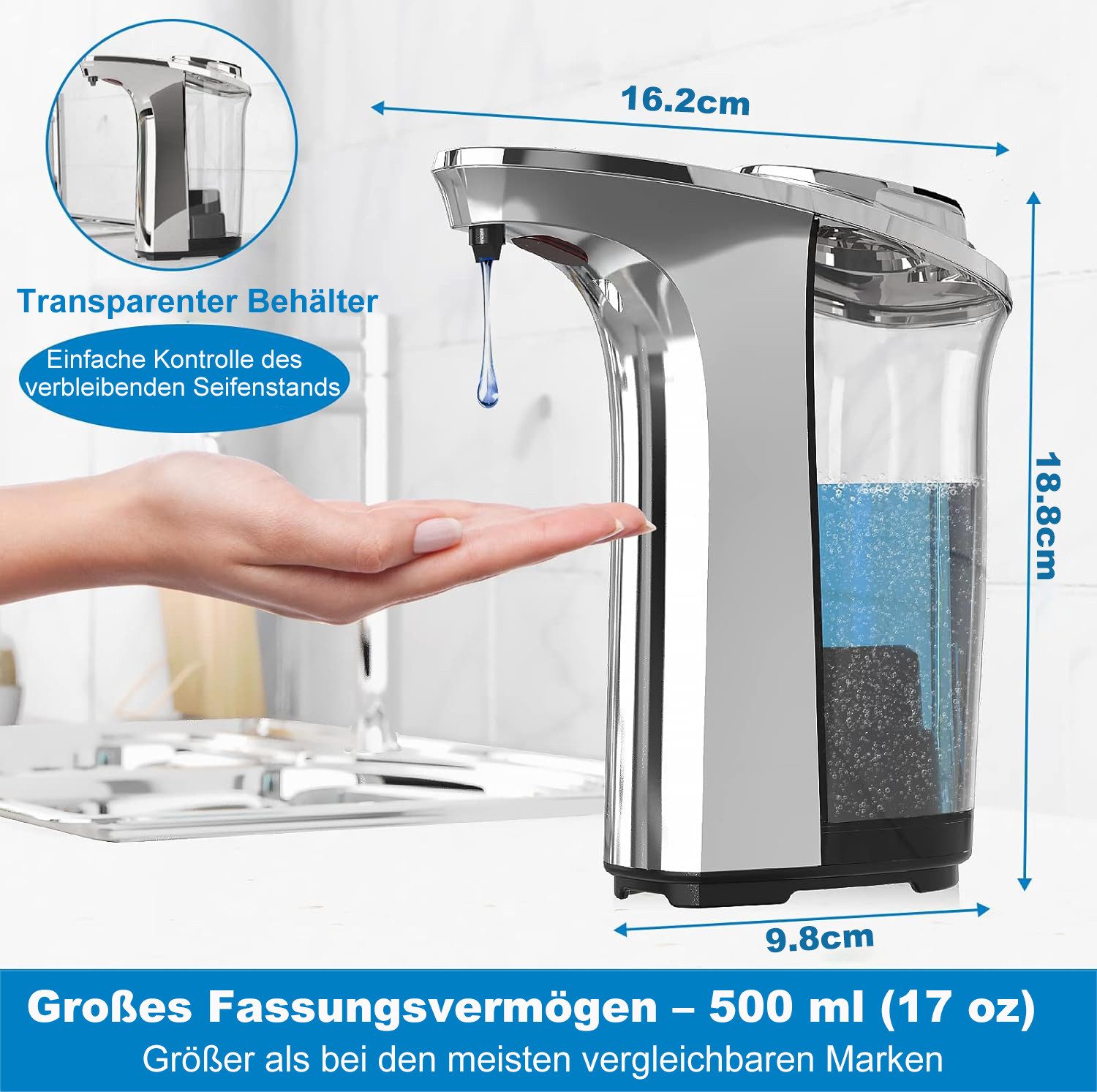Futicare Seifenspender Automatischer Seifenspender mit Infrarotsensor – 500 ml, (5 Stufen einstellbar, berührungslos & IPX5-wasserdicht) – Bild 2 von 5