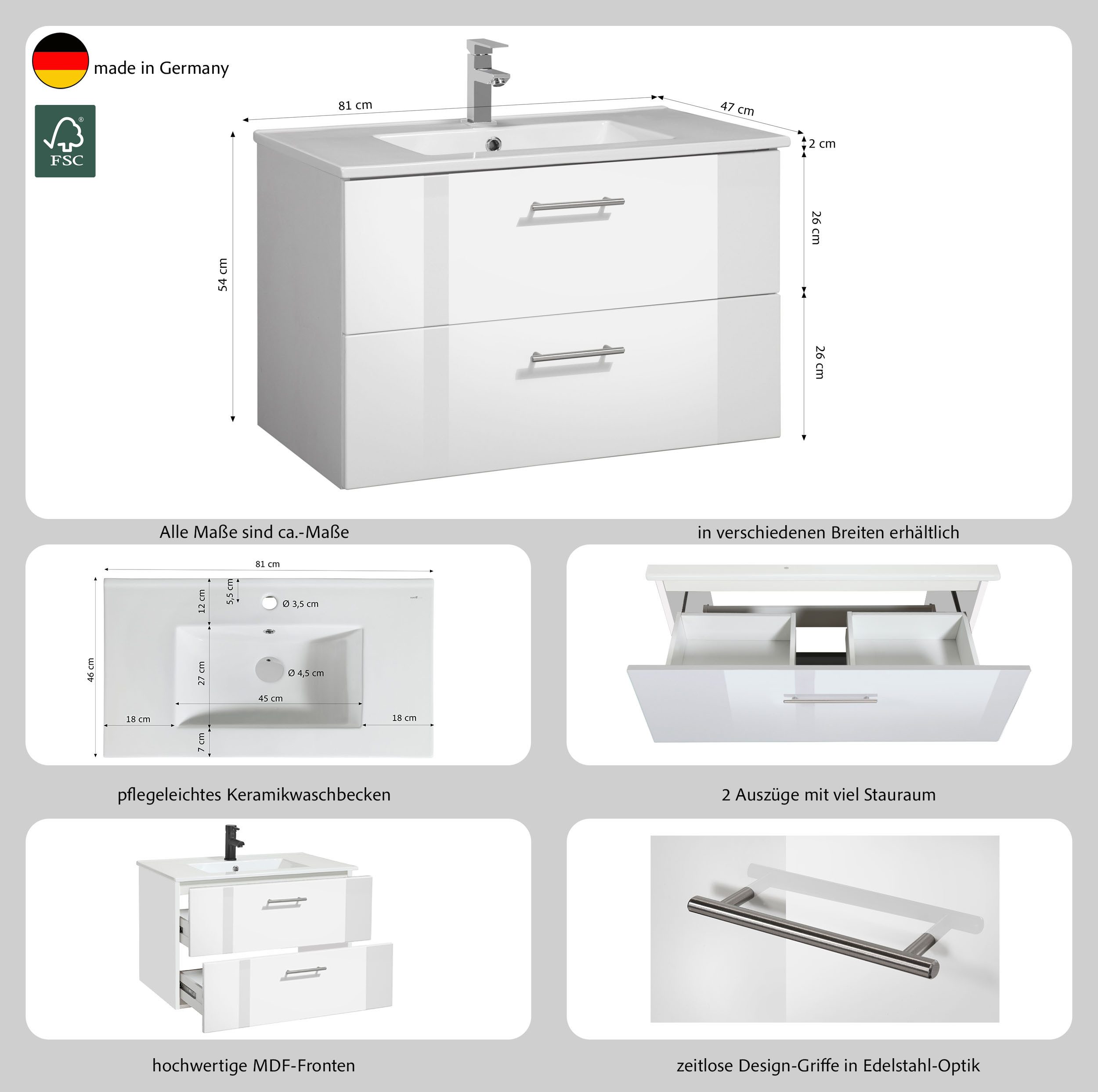 welltime Waschtisch Trento Badezimmerschrank mit Becken, Badmöbel in Breite 80 cm, Waschplatz mit 2 Schubladen, Badschrank