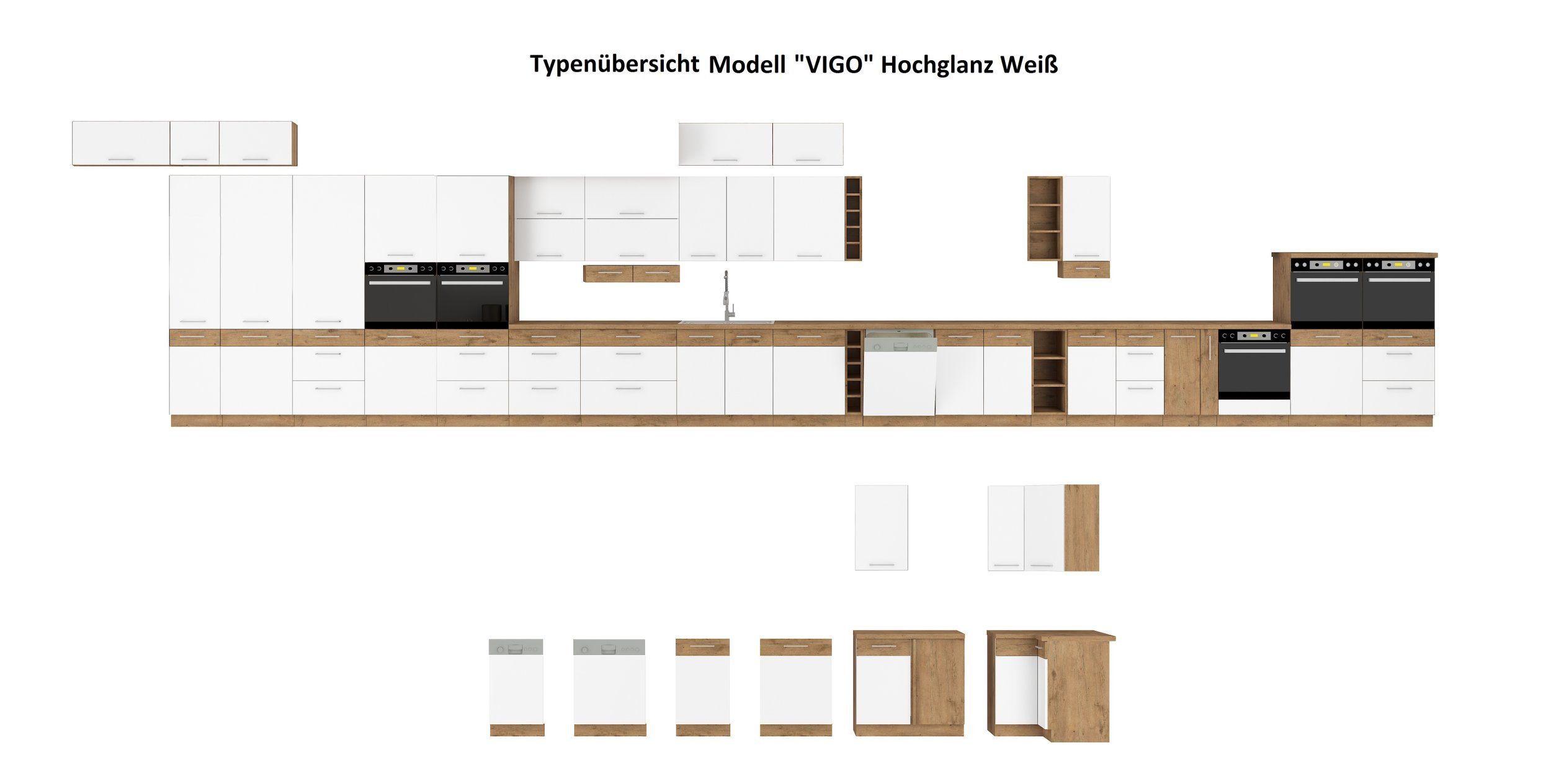 weiß Küchenzeile 80 Vigo cm Hochglanz Küche Hängeschrank Lancelot Eiche Küchenblock Küchen-Preisbombe